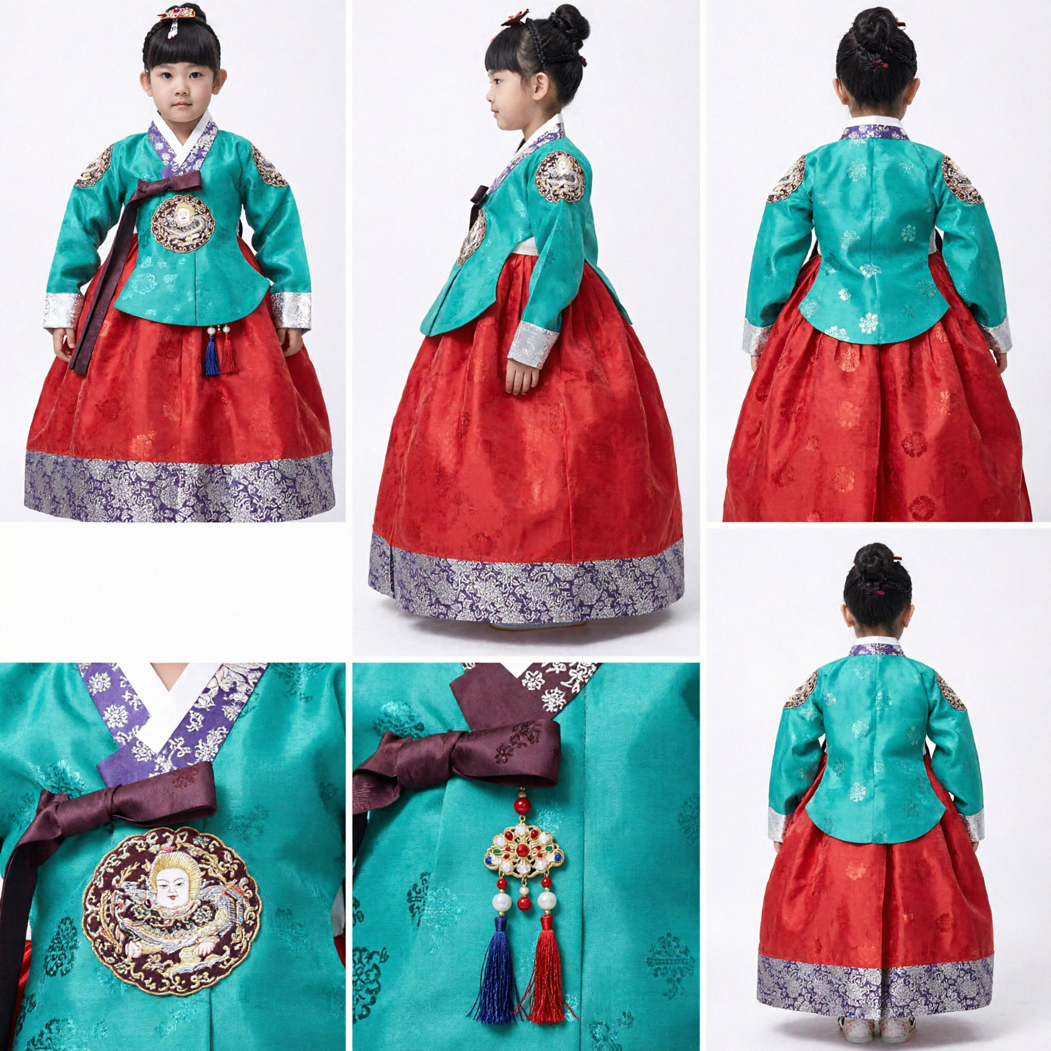 Hanbok tradicional coreano para niñas Jeogori verde Chima roja Vestido formal para fiestas y festividades - Asian Costume