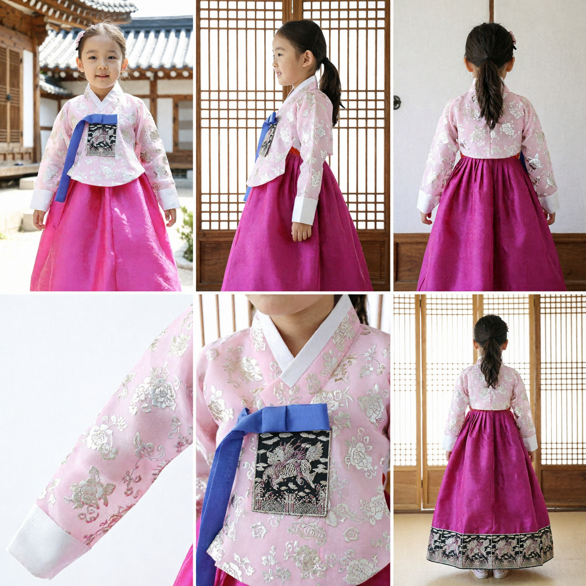Mädchen Traditionelles koreanisches Hanbok-Kleid Rosa Blumen-Oberteil Magenta Rock Formelles Kostüm für Kinder Besondere Anlässe - Asian Costume
