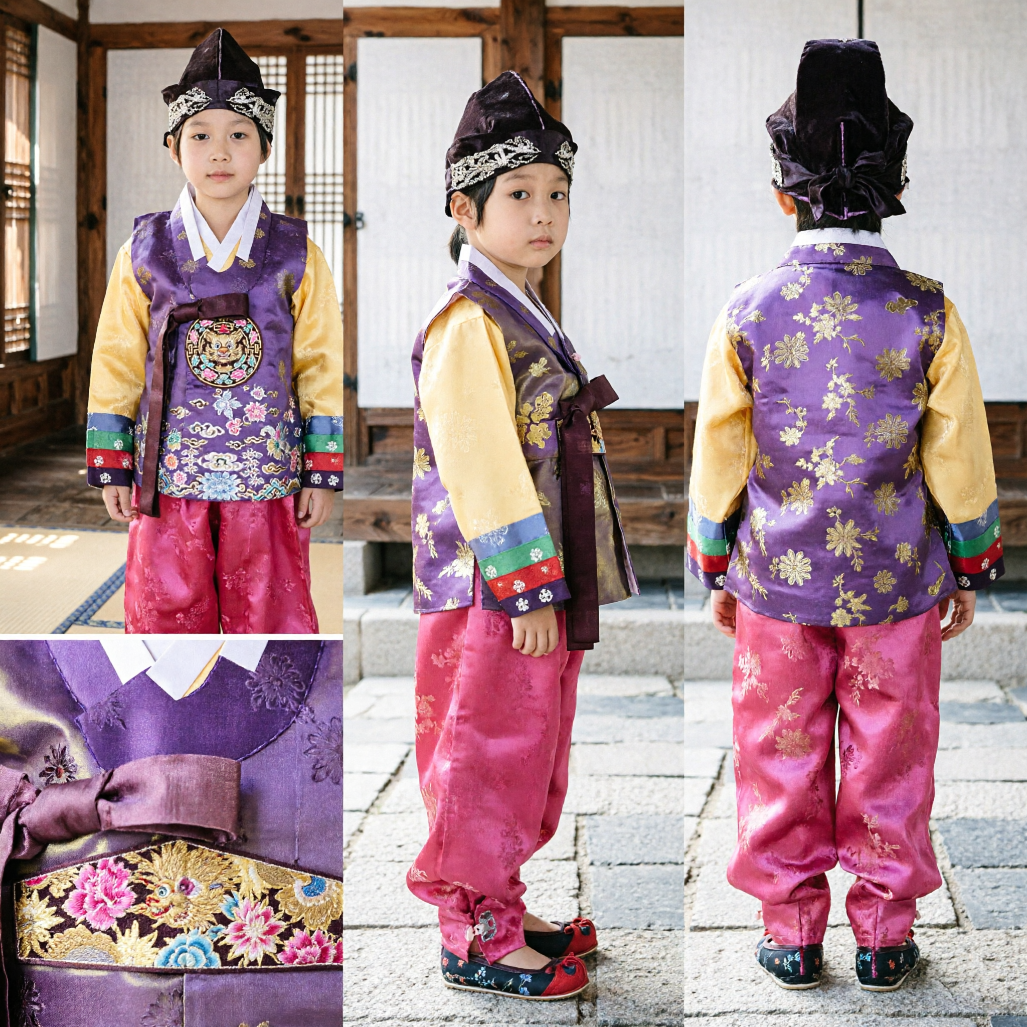 Hanbok tradizionale coreano per ragazzi, set Jeogori viola e oro e Baji rosa, costume per bambini per festival - Asian Costume