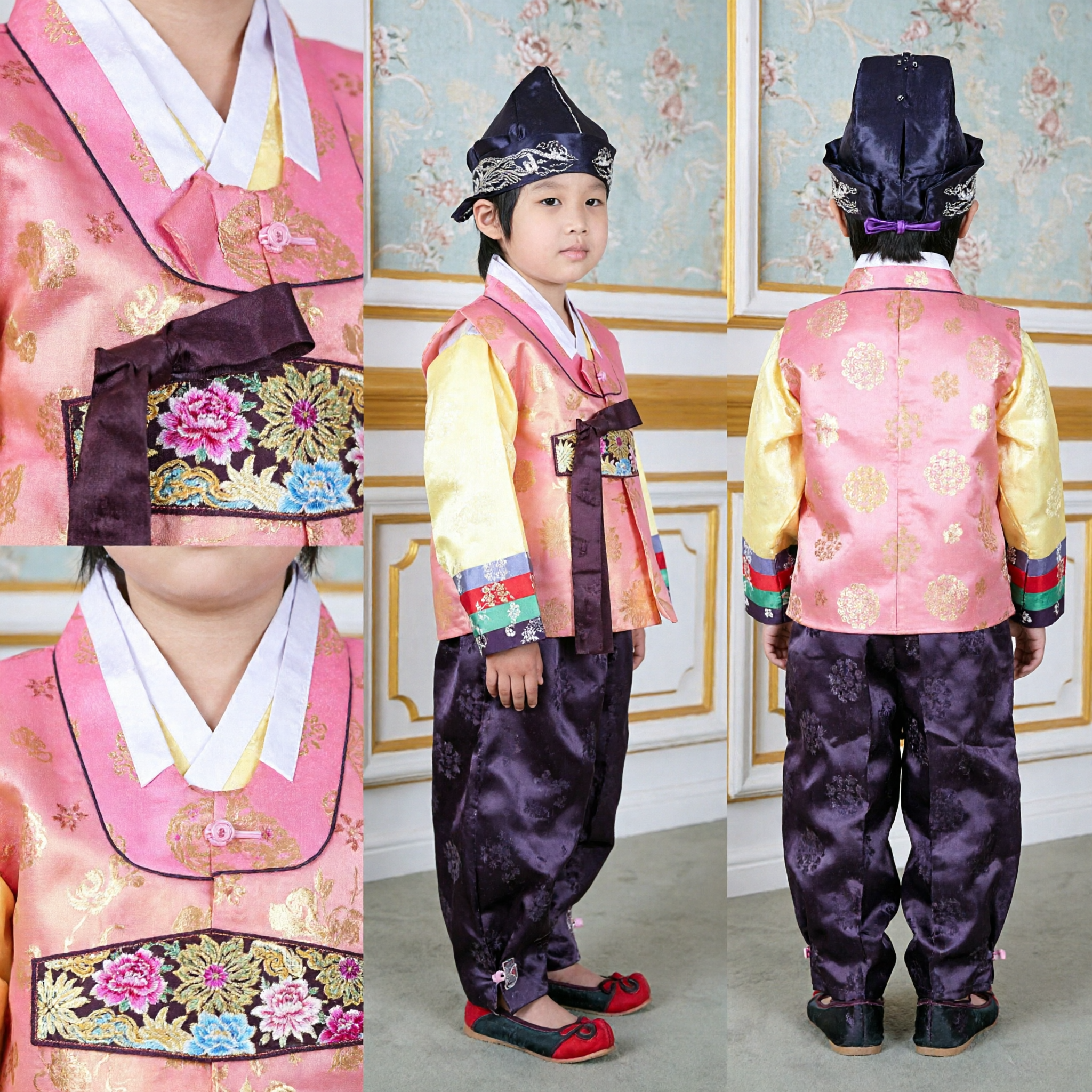 Traditionele Koreaanse Hanbok voor Jongens Roze Vest Gele Shirt Paarse Broek Doljanchi Bruiloft Formele Kleding - Asian Costume