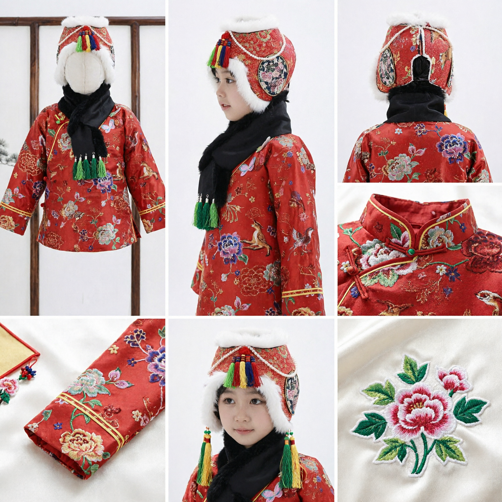 子供伝統的中国冬帽子 赤刺繍毛皮耳当てキャップ 旧正月春節衣装用 - Asian Costume