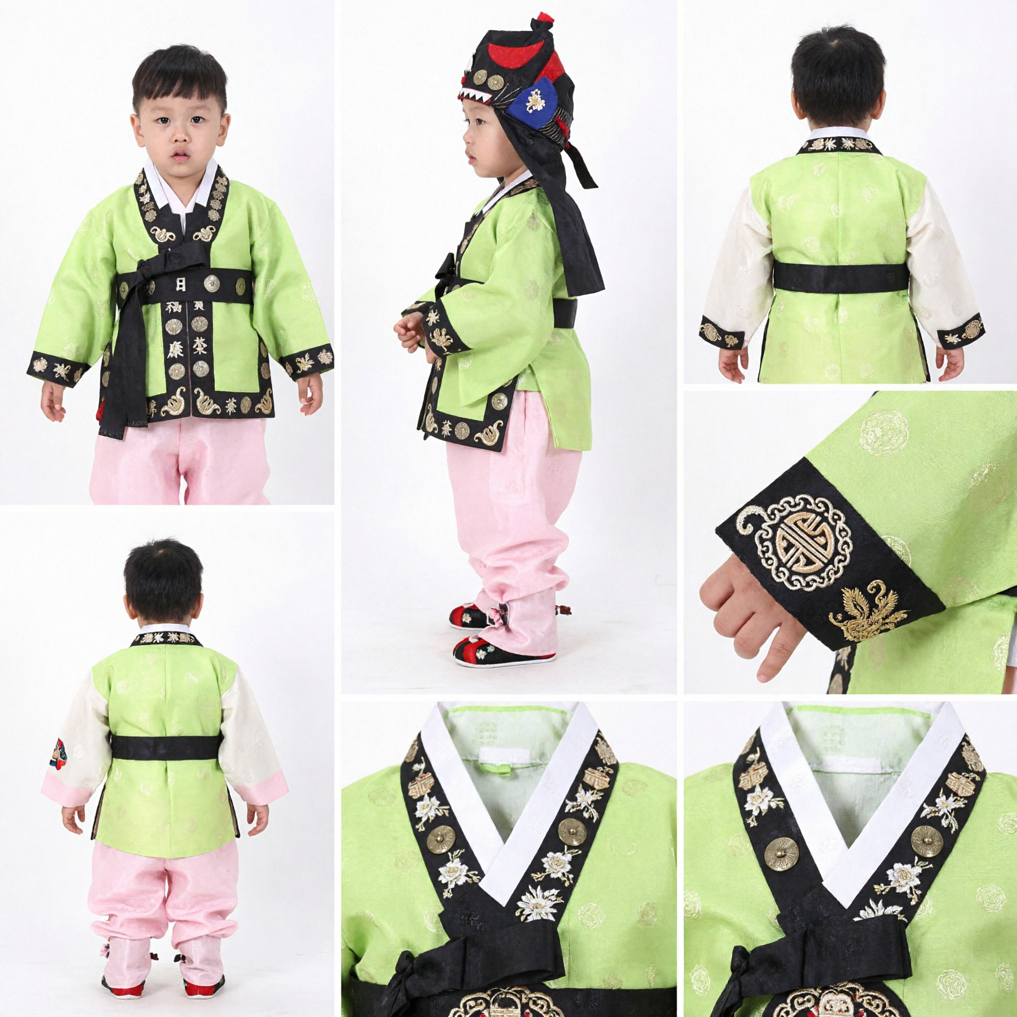 Hanbok tradicional coreano para bebés Conjunto Jeogori verde y Baji rosa con sombrero para primer cumpleaños Doljanchi - Asian Costume