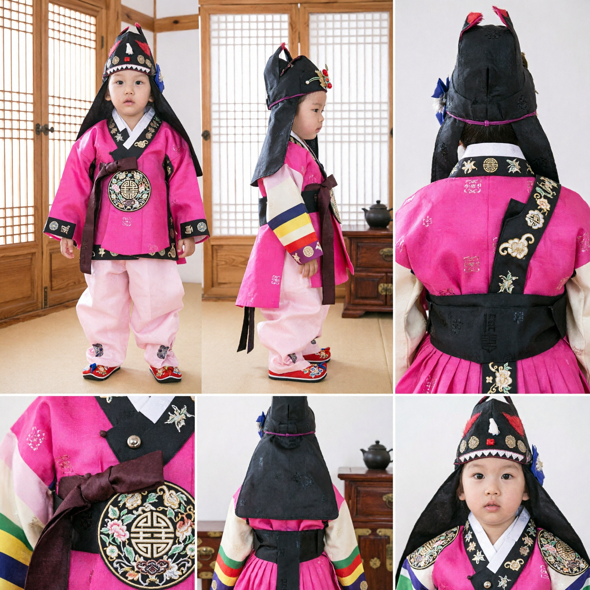 Costume Hanbok traditionnel coréen pour enfants - Tenue de cérémonie rose et noire avec chapeau - Pour festivals - Asian Costume