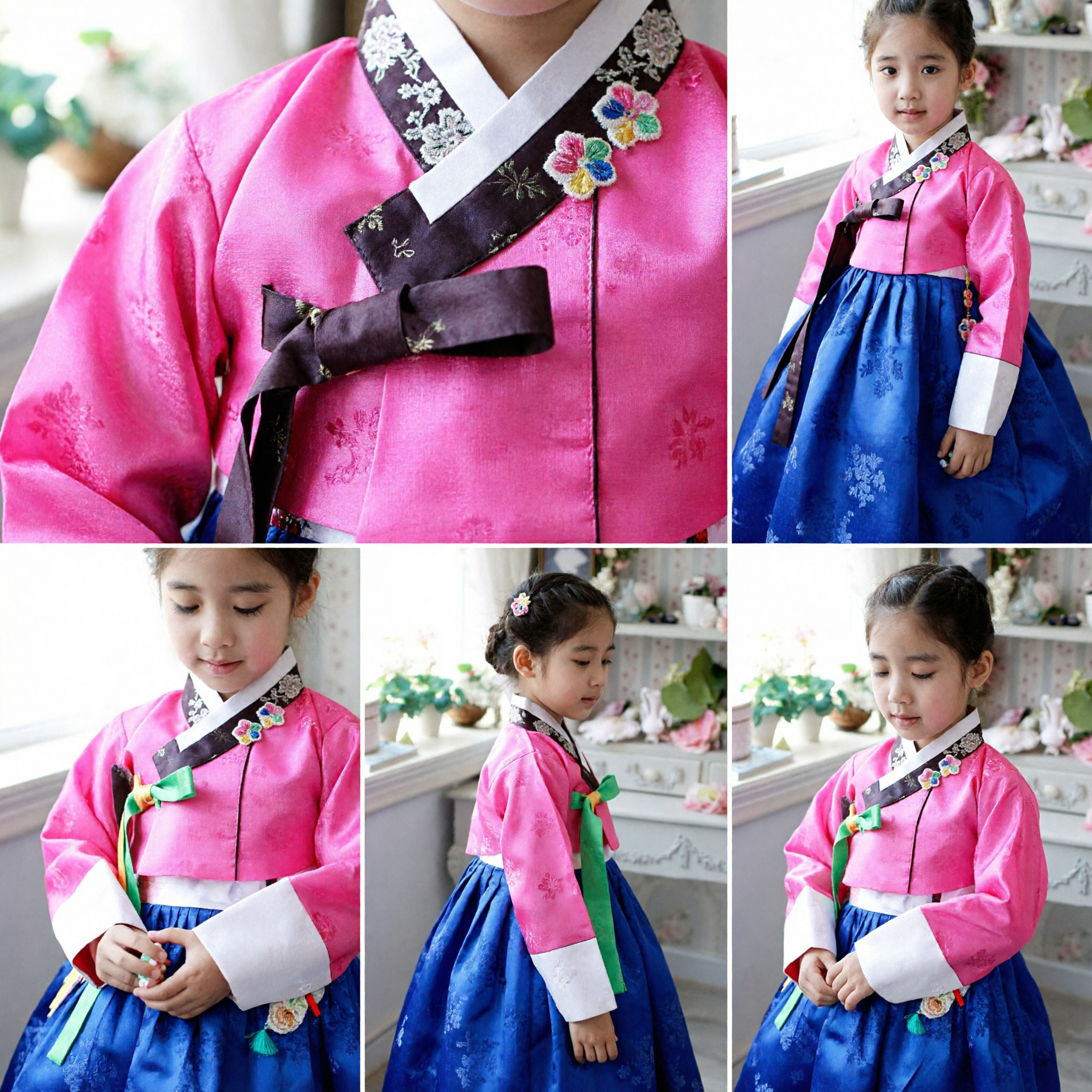 Robe Hanbok traditionnelle coréenne pour filles enfants - Ensemble soie rose et bleue - Pour mariage, anniversaire et vacances - Asian Costume