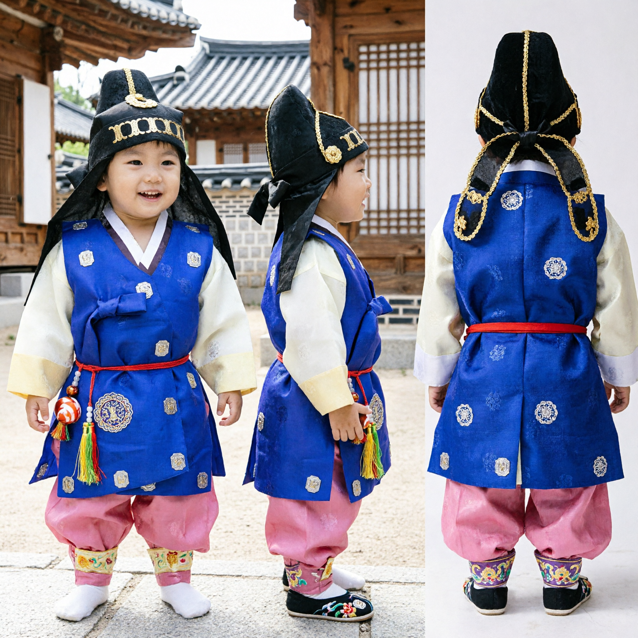 전통 한국 한복 남아 유아 의상 파란 조끼 분홍 바지 첫 돌 잔치 옷 - Asian Costume