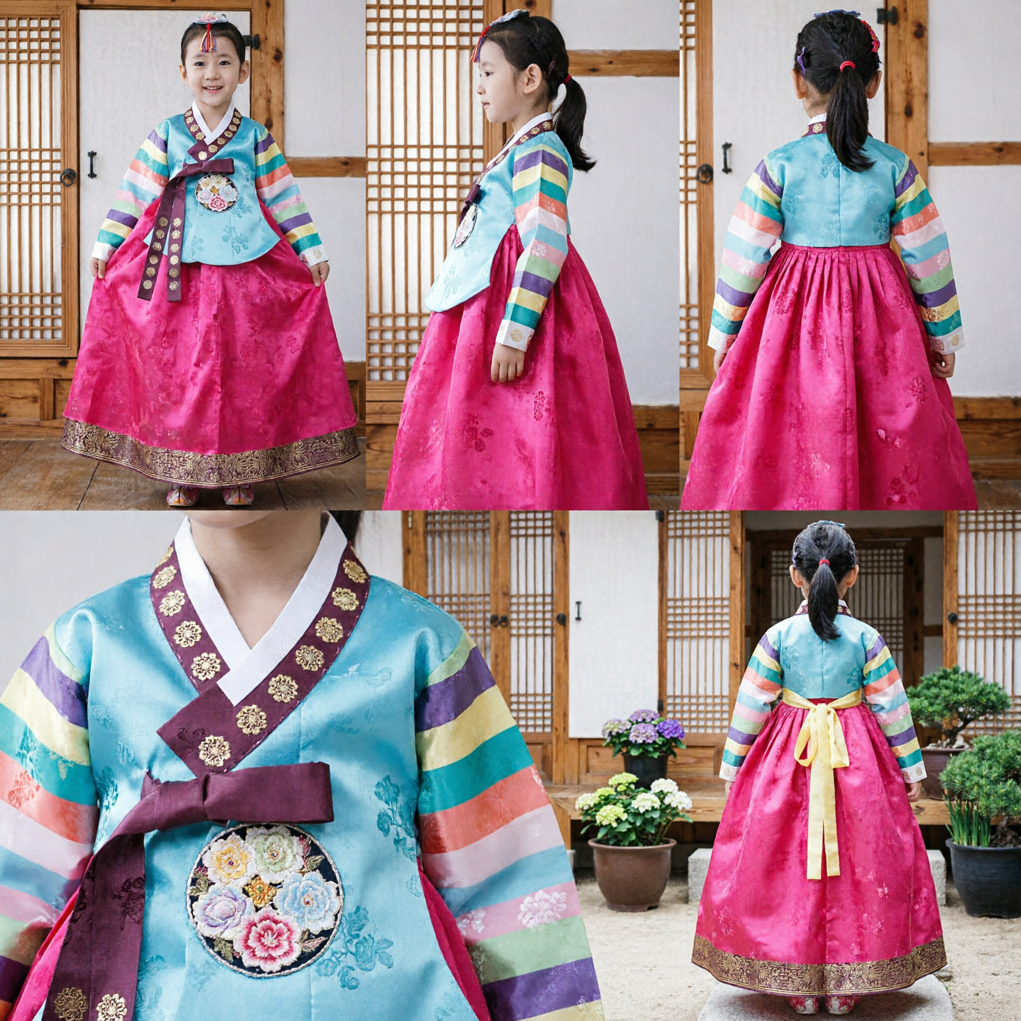 Hanbok tradicional coreano para niñas, blusa azul con mangas arcoíris y falda rosa, disfraz infantil para festividades - Asian Costume