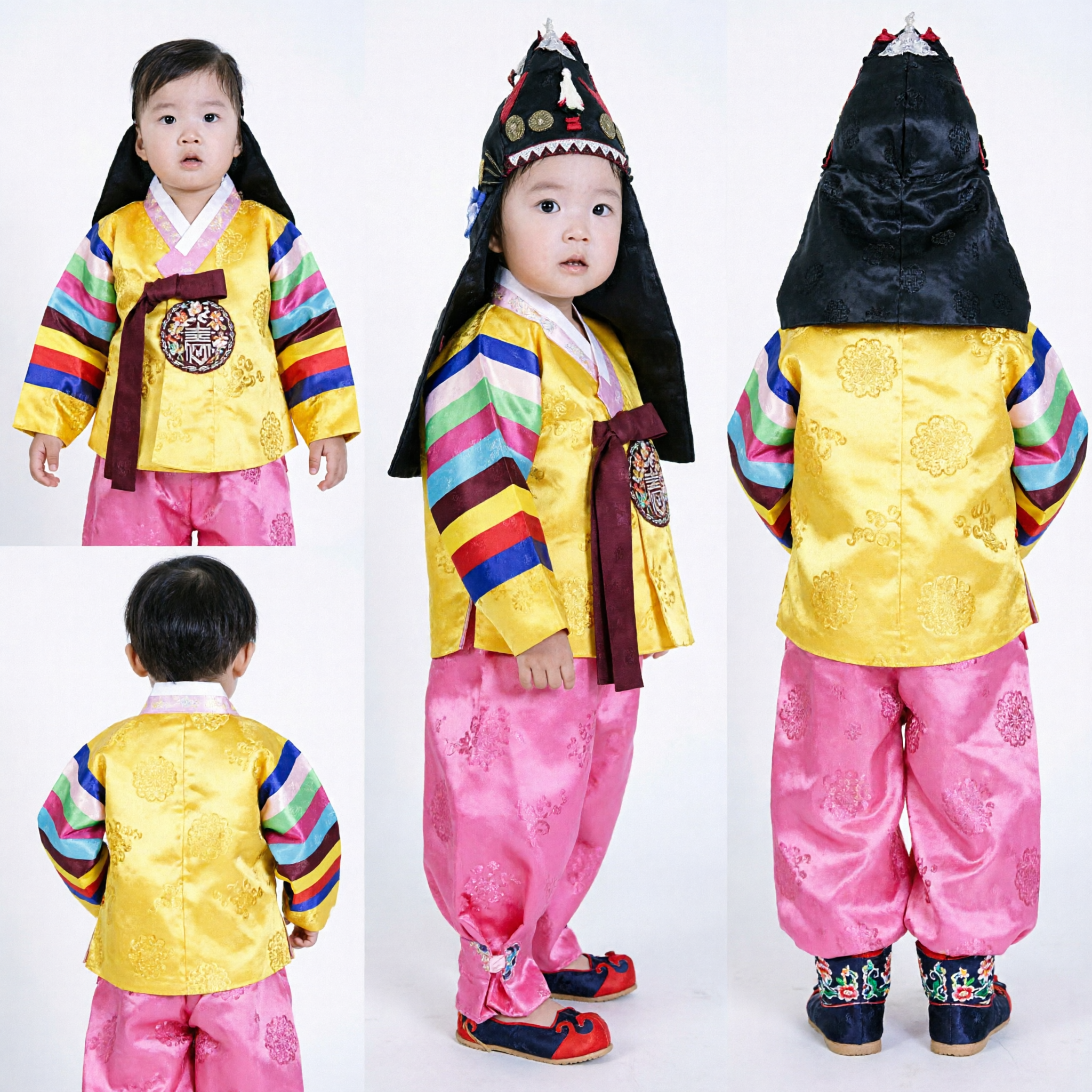 전통 한국 한복 남아 유아 의상 노랑 무지개 소매 상의 분홍 바지 첫 돌 옷 - Asian Costume