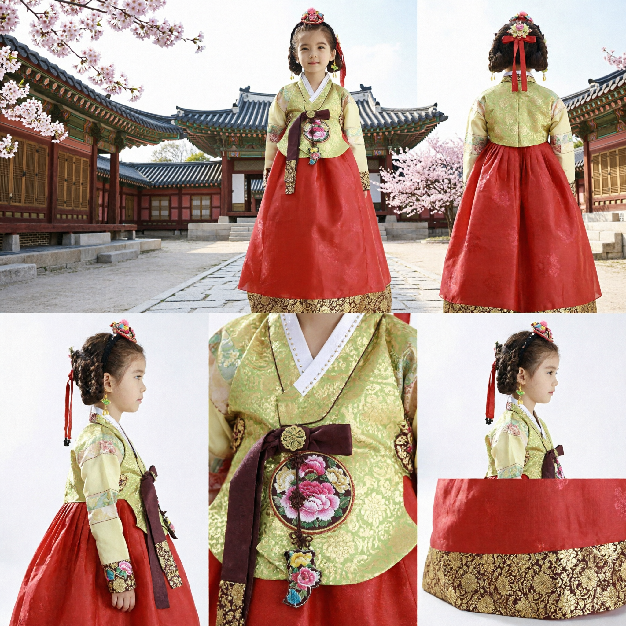 Hanbok traditionnel coréen pour filles - Haut brodé jaune et jupe rouge, robe formelle pour fêtes et costumes - Asian Costume