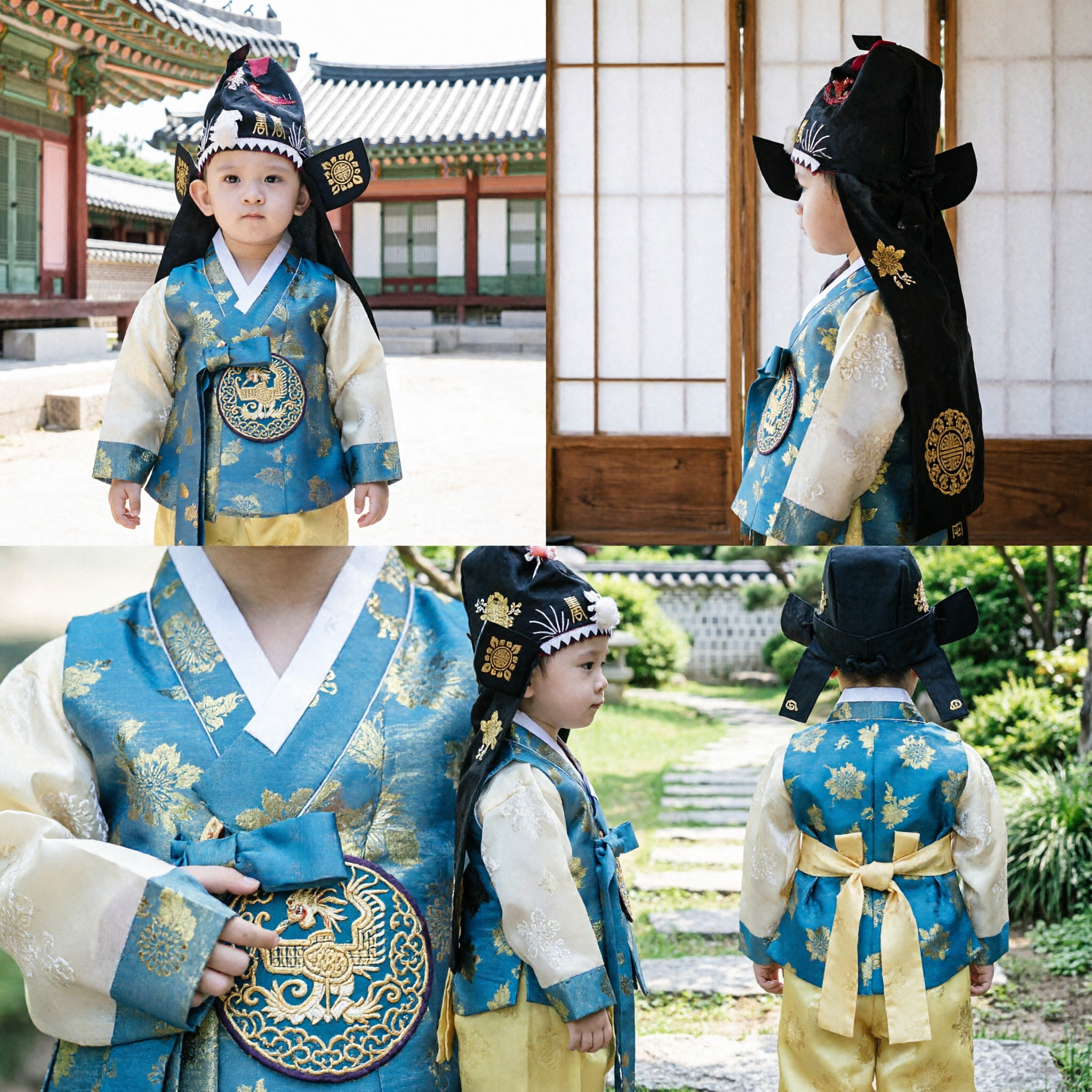 Ensemble Hanbok traditionnel coréen pour enfants - Gilet bleu et or pour garçons tout-petits, tenue formelle pour premier anniversaire - Asian Costume