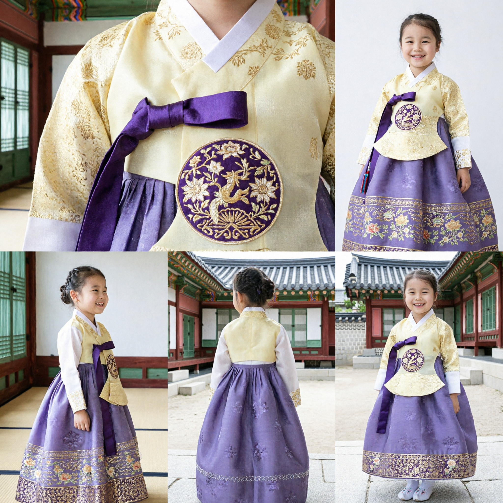 Vestido Tradicional Coreano Hanbok para Meninas Top Dourado Saia Roxa Fantasia Infantil para Aniversário e Feriados - Asian Costume
