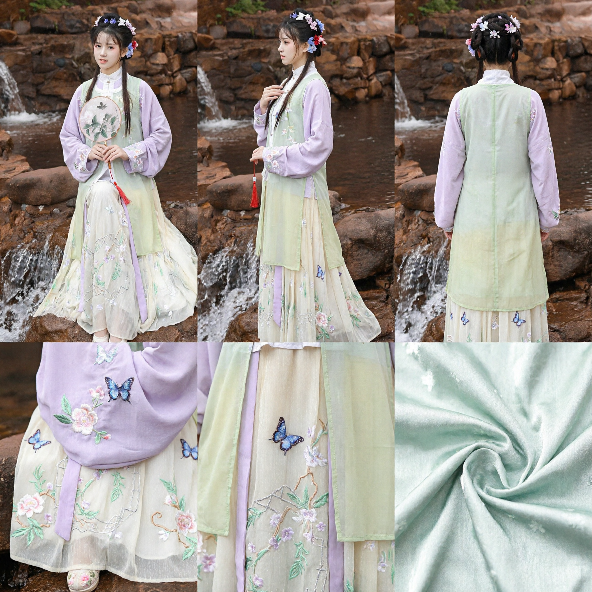 Elegantes traditionelles chinesisches Hanfu-Kostüm, lila Robe, grüne Weste, gelber Rock, besticktes Feenkleid für Frauen - Asian Costume