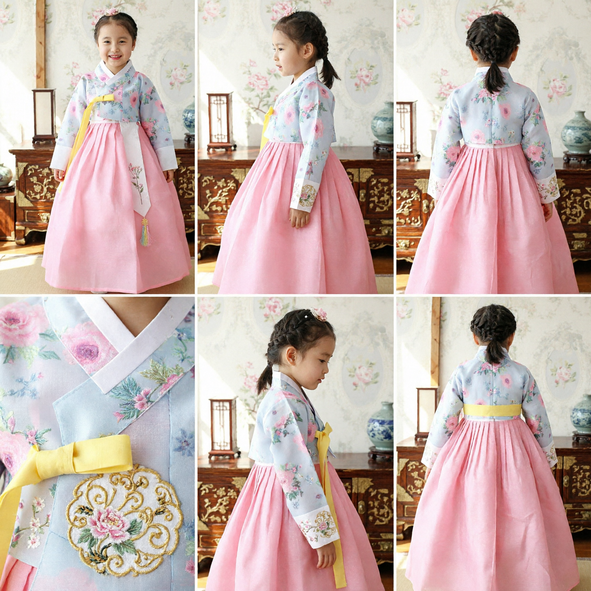 Traditionelles koreanisches Hanbok-Kleid für Mädchen, blumiges blaues Oberteil und rosa Rock, Kinderhochzeits- und Geburtstagskostüm - Asian Costume