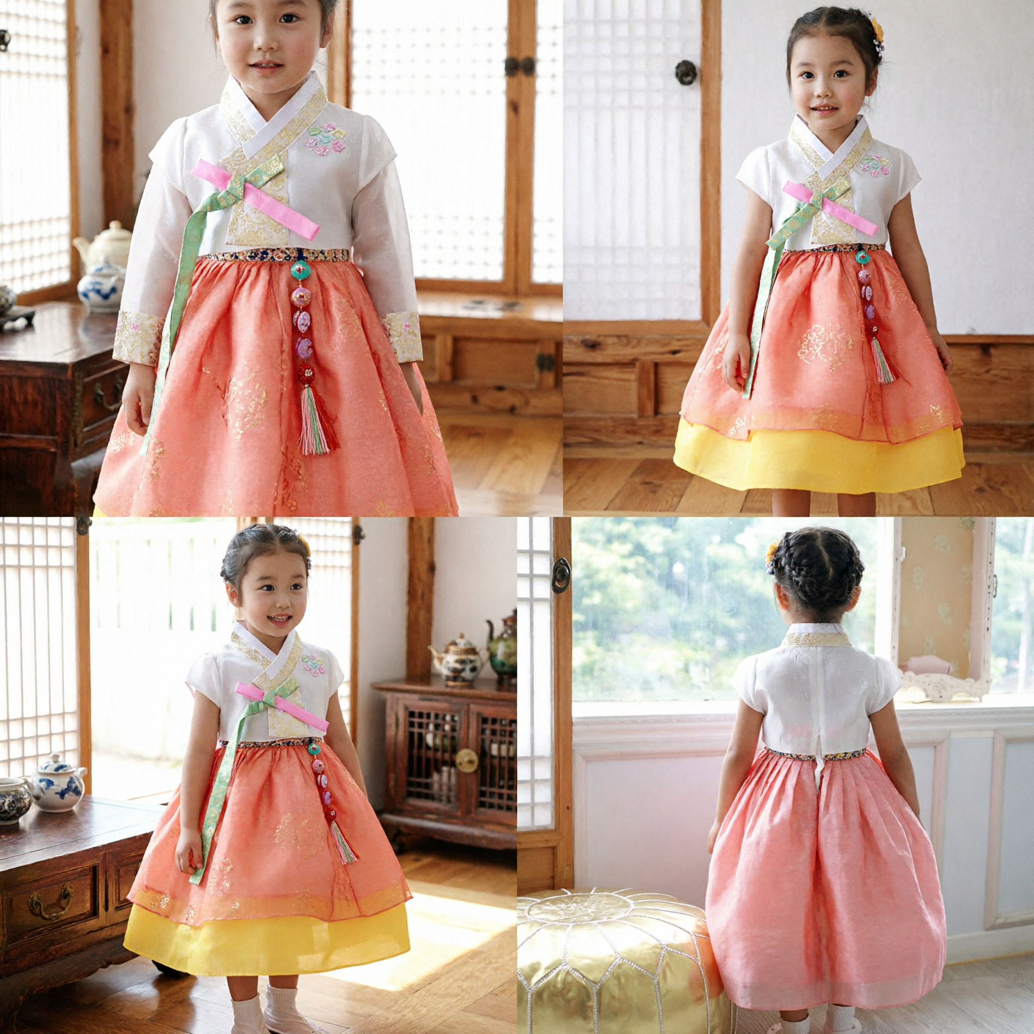 Vestido Hanbok Coreano Tradicional para Meninas Criança Saia Laranja Amarela Top Branco Fantasia para Festa de Aniversário - Asian Costume