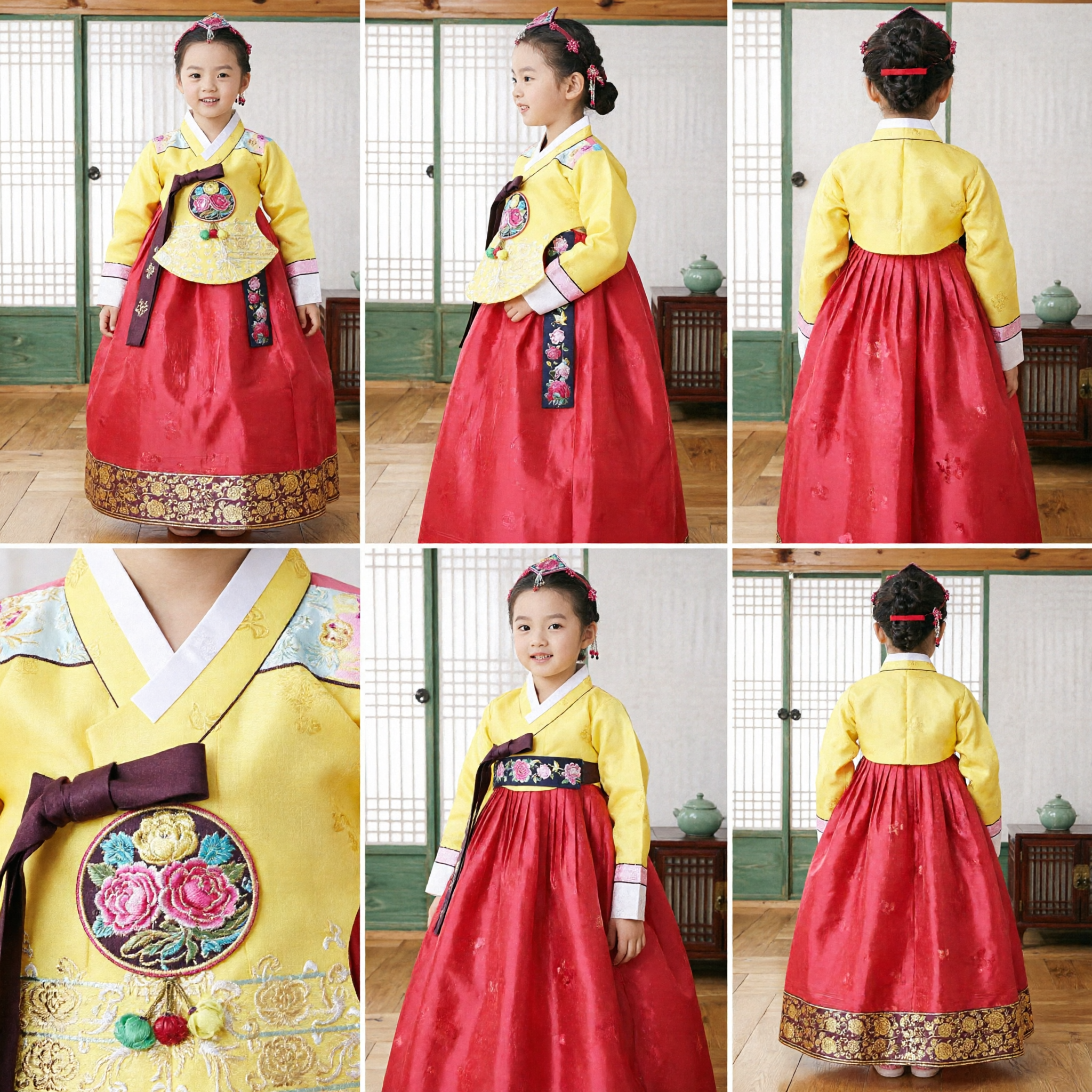 Robe traditionnelle coréenne Hanbok pour enfants, haut jaune et jupe rouge brodée, costume pour filles, festival et mariage - Asian Costume