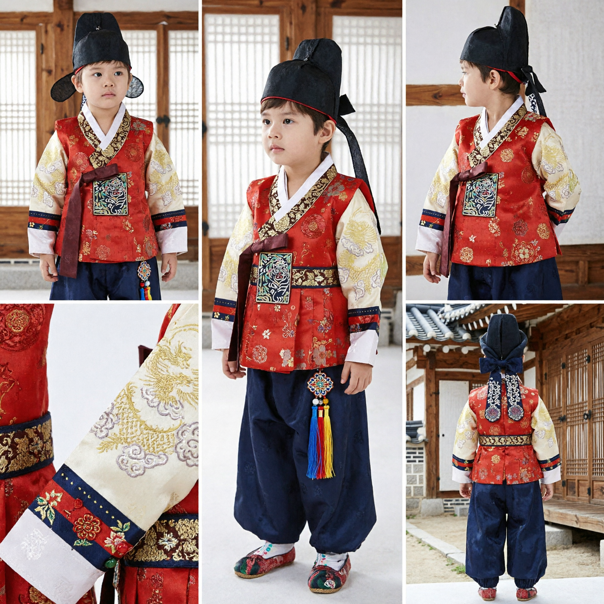 Traditionele Koreaanse Hanbok Set voor Jongens Rood Koninklijk Doljanchi Eerste Verjaardag Kostuum met Geborduurde Hoed - Asian Costume