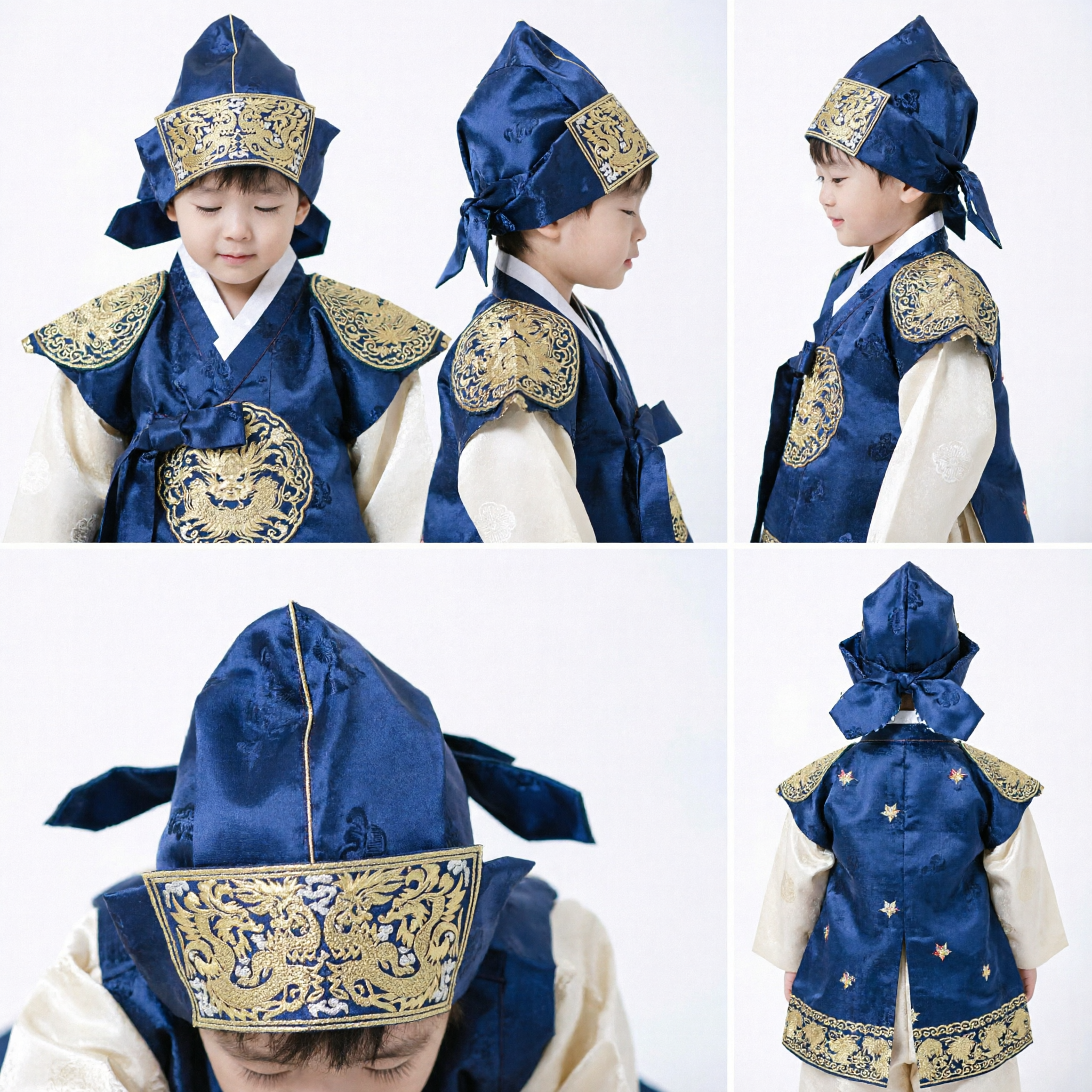 Tradycyjny chiński starożytny kapelusz uczonego dla chłopców, dzieci, niebieska haftowana czapka z smokiem, nakrycie głowy Hanfu - Asian Costume