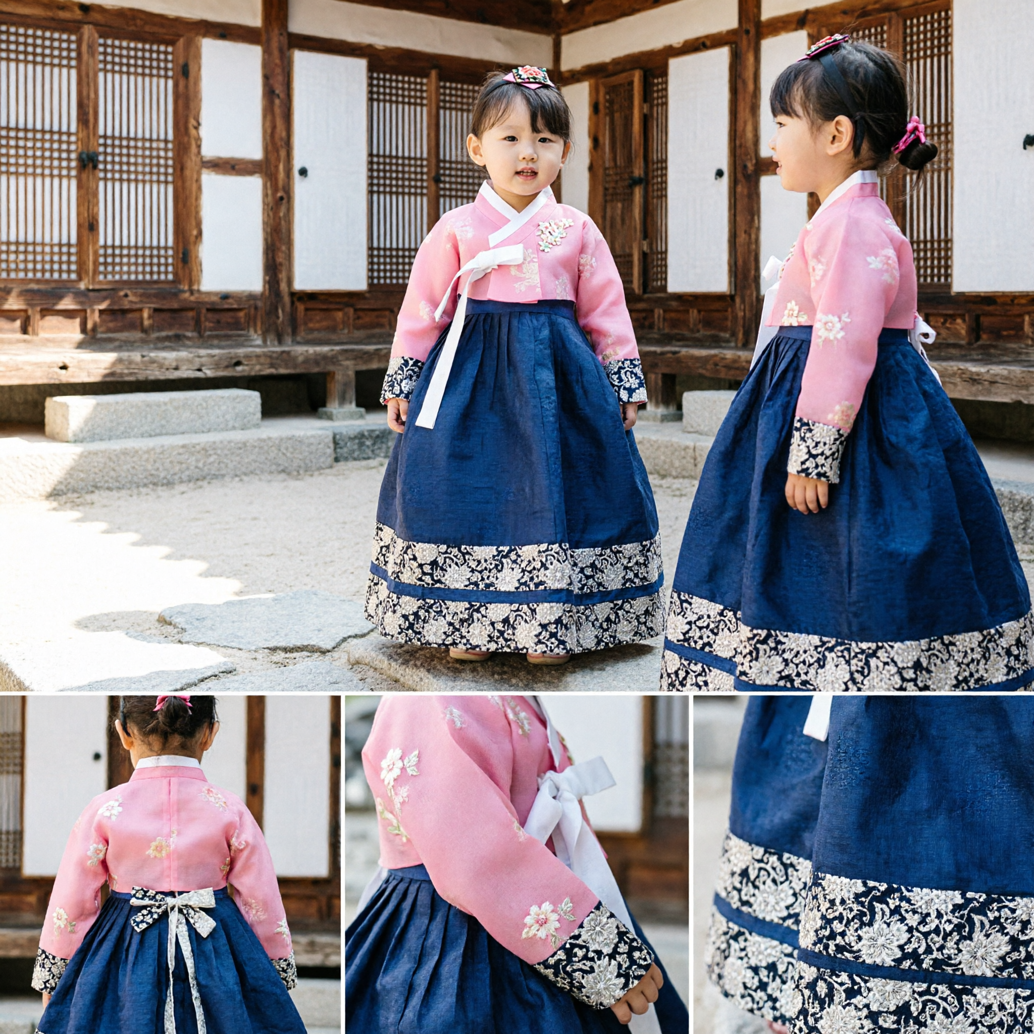 Vestito Hanbok Coreano Tradizionale per Bambine Piccole Top Rosa Gonna Blu Abito per Matrimoni e Compleanni - Asian Costume