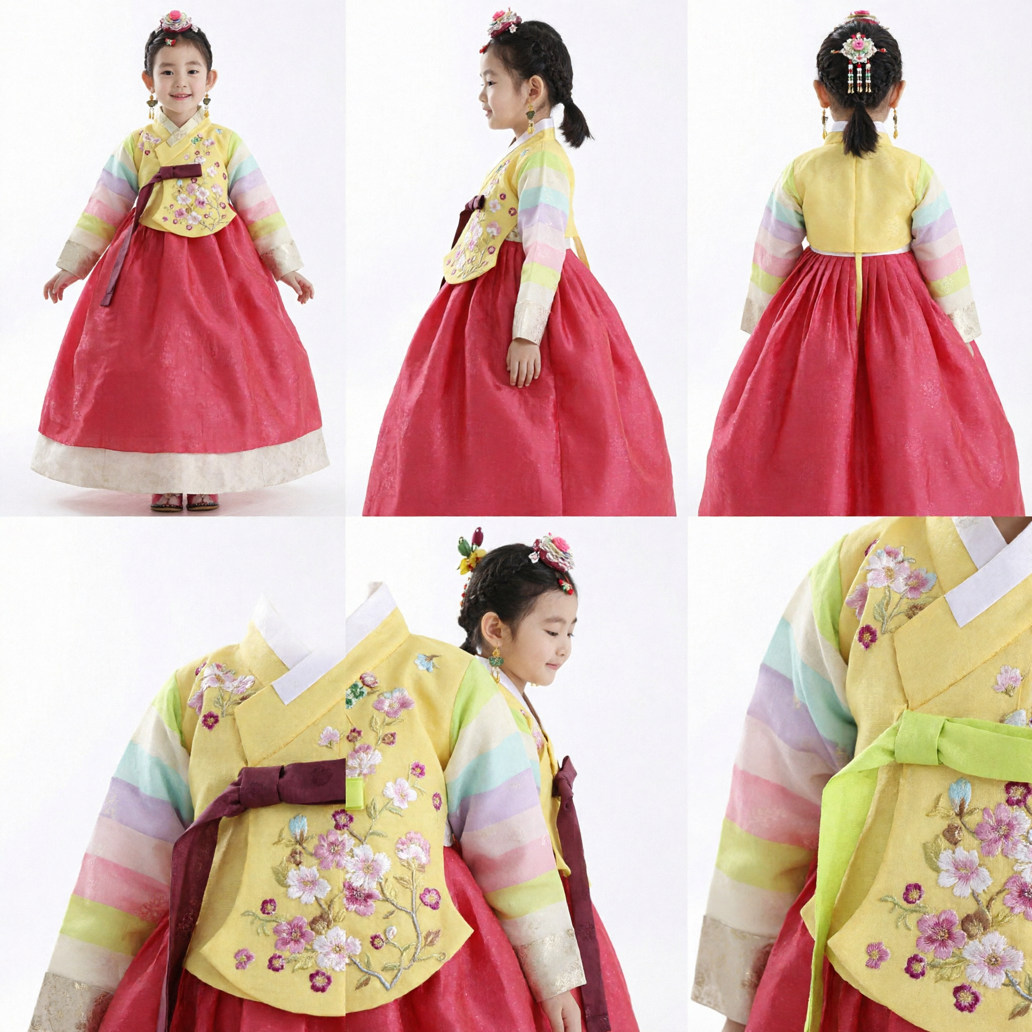 Kids Korean Traditional Hanbok Dress Yellow Embroidered Top with Rainbow Sleeves and Pink Skirt Girl's Costume - Asian Costume