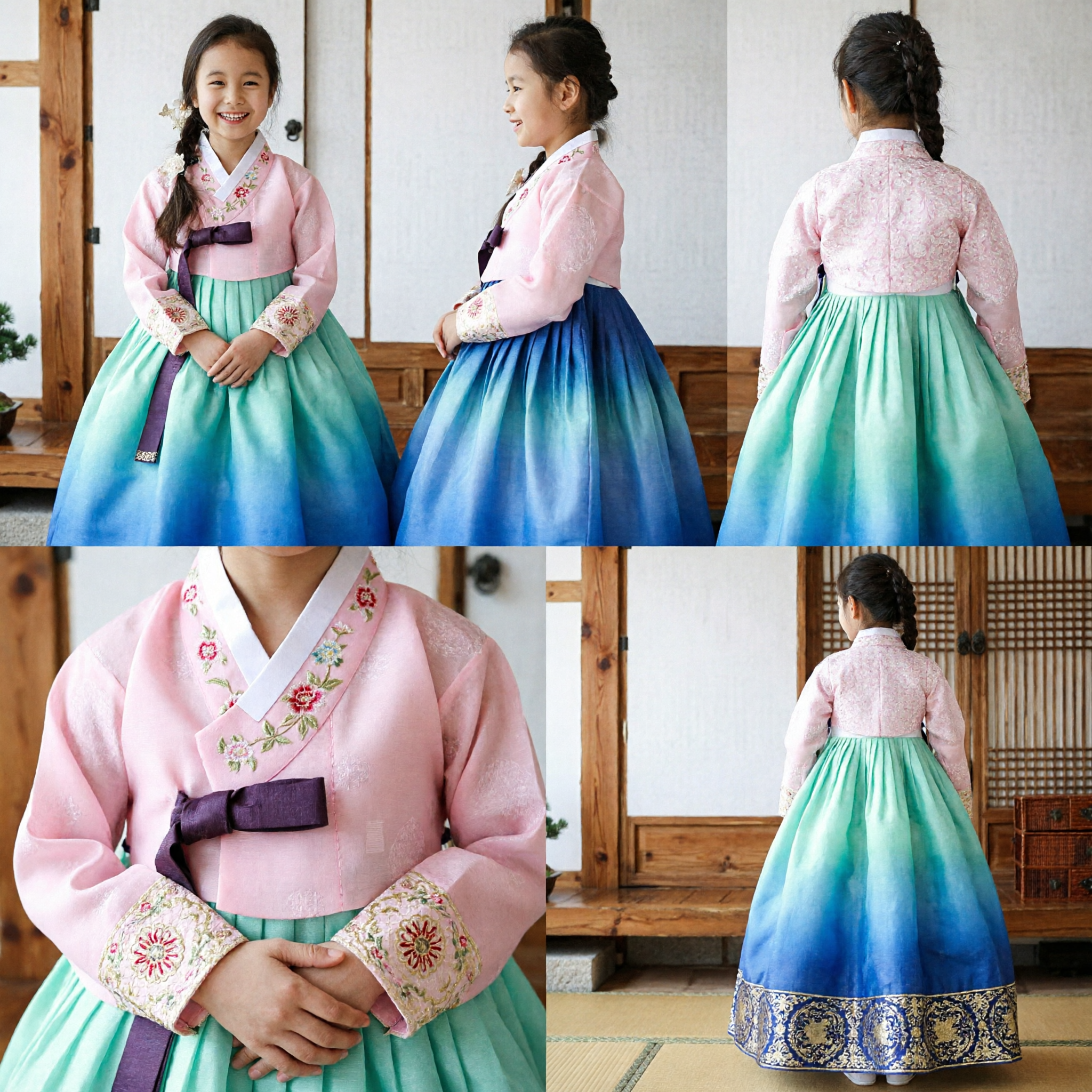 Traditioneel Koreaans Hanbok voor Meisjes Roze Kant Jeogori en Mint Groen Chima Kinderen Formele Jurk - Asian Costume