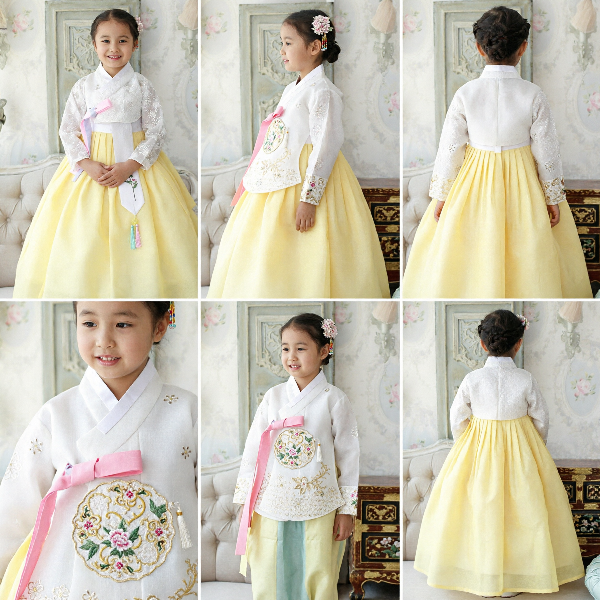 Hanbok Coreano Tradicional para Niñas Chima Amarilla Jeogori de Encaje Blanco Vestido Infantil para Fiestas de Cumpleaños - Asian Costume