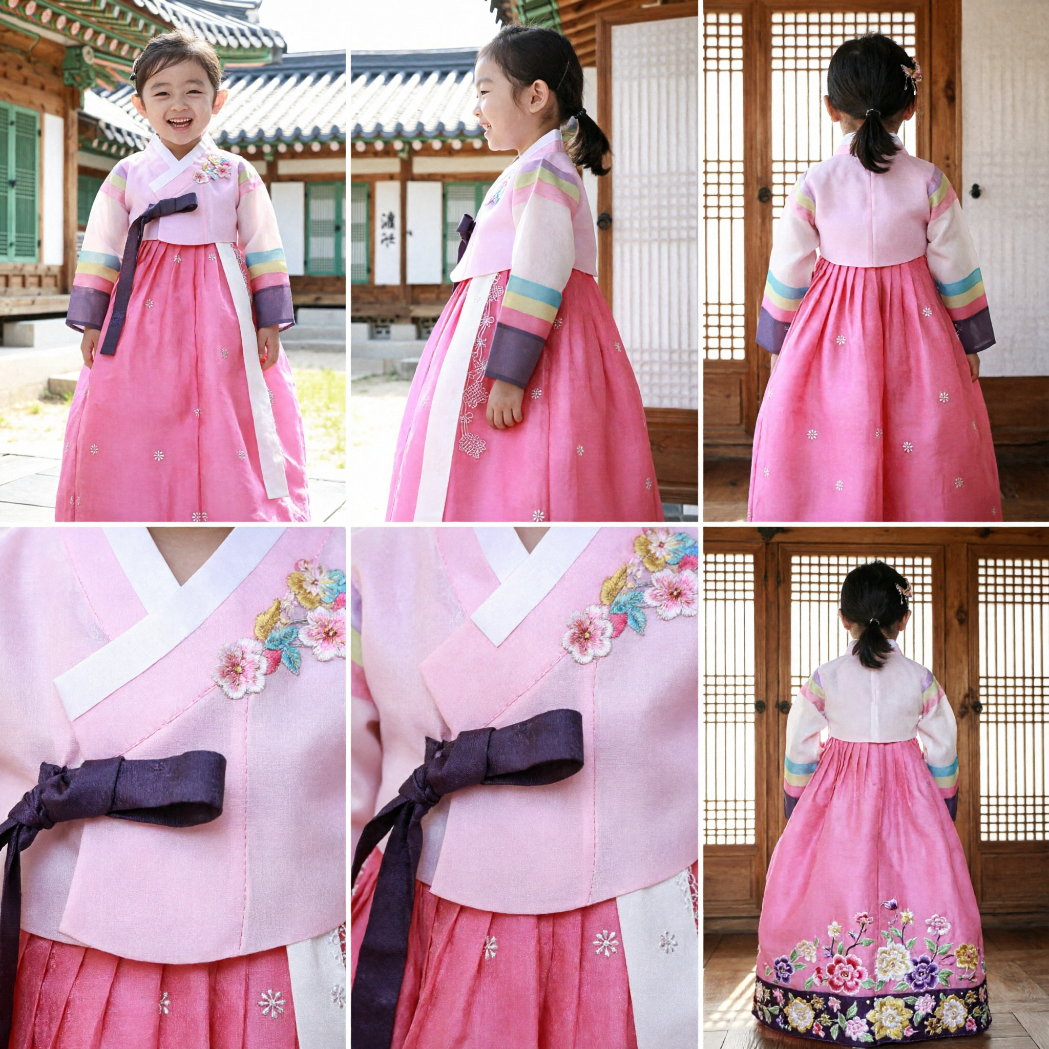 Hanbok traditionnel coréen pour filles - Ensemble robe Jeogori et Chima brodés roses pour festivals enfants - Asian Costume