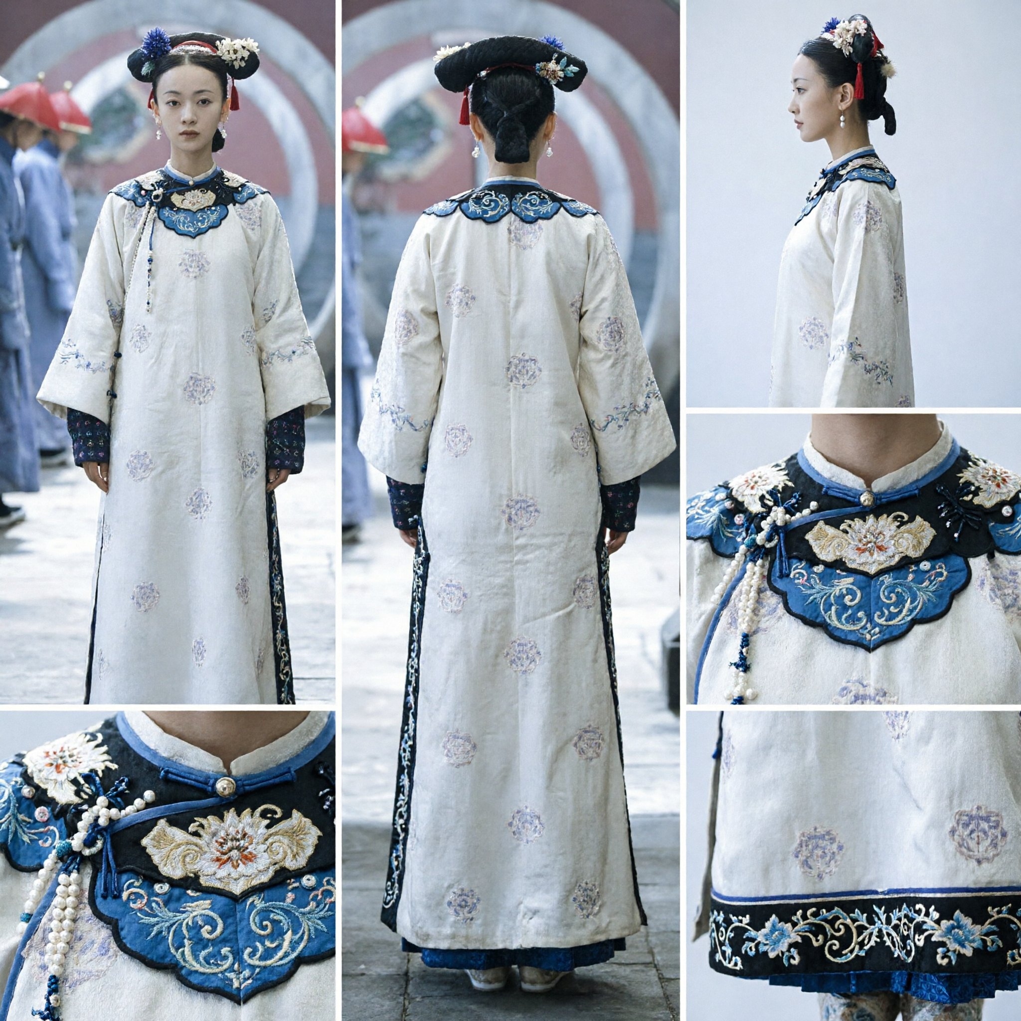 伝統的中国清朝宮廷側室衣装 白い刺繍のローブ 古代ドラマ衣装 女性用 - Asian Costume