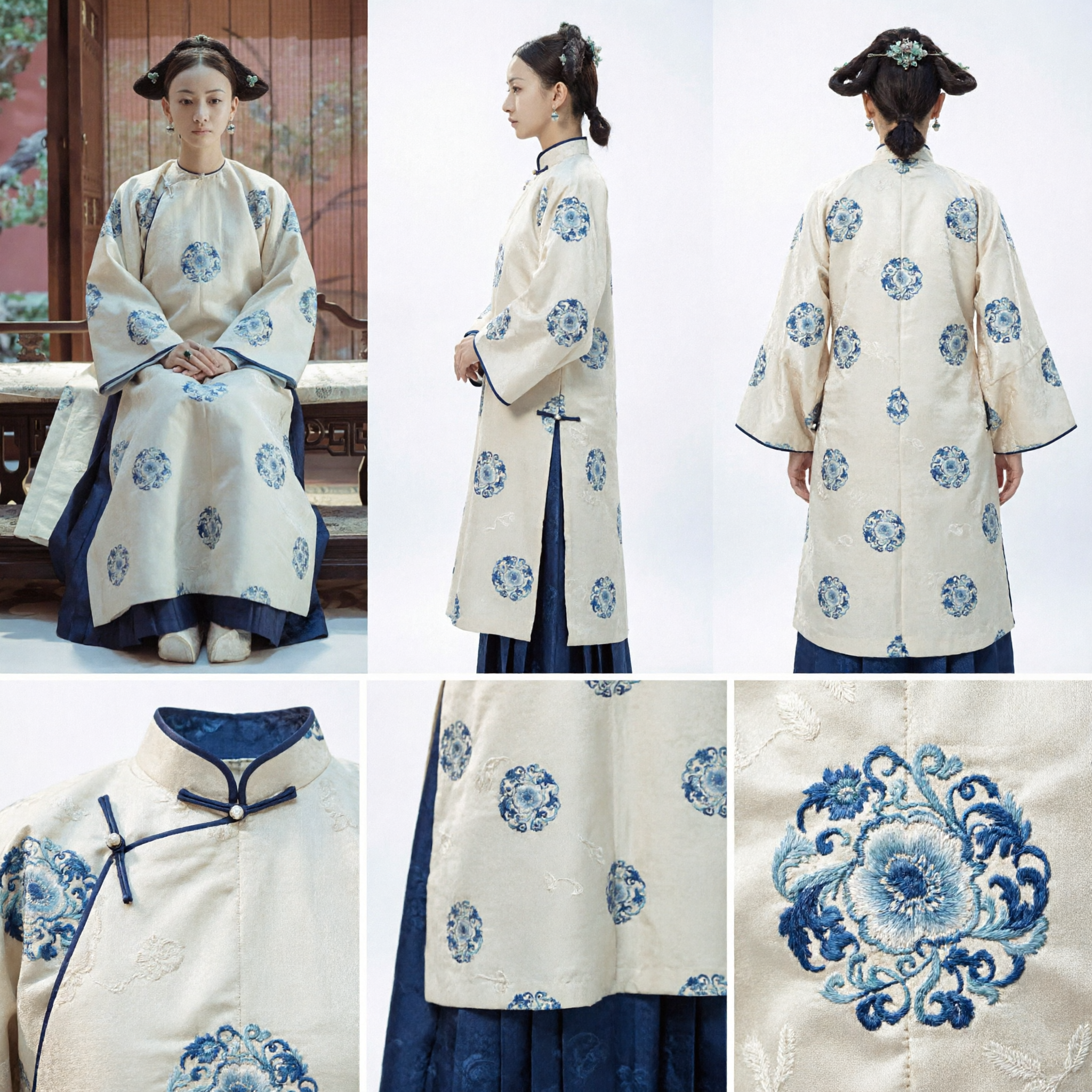 Traditioneel Chinese Qing-dynastie Paleis Dame Kostuum Wit Blauw Medaillon Changpao Gewaad voor Vrouwen - Asian Costume