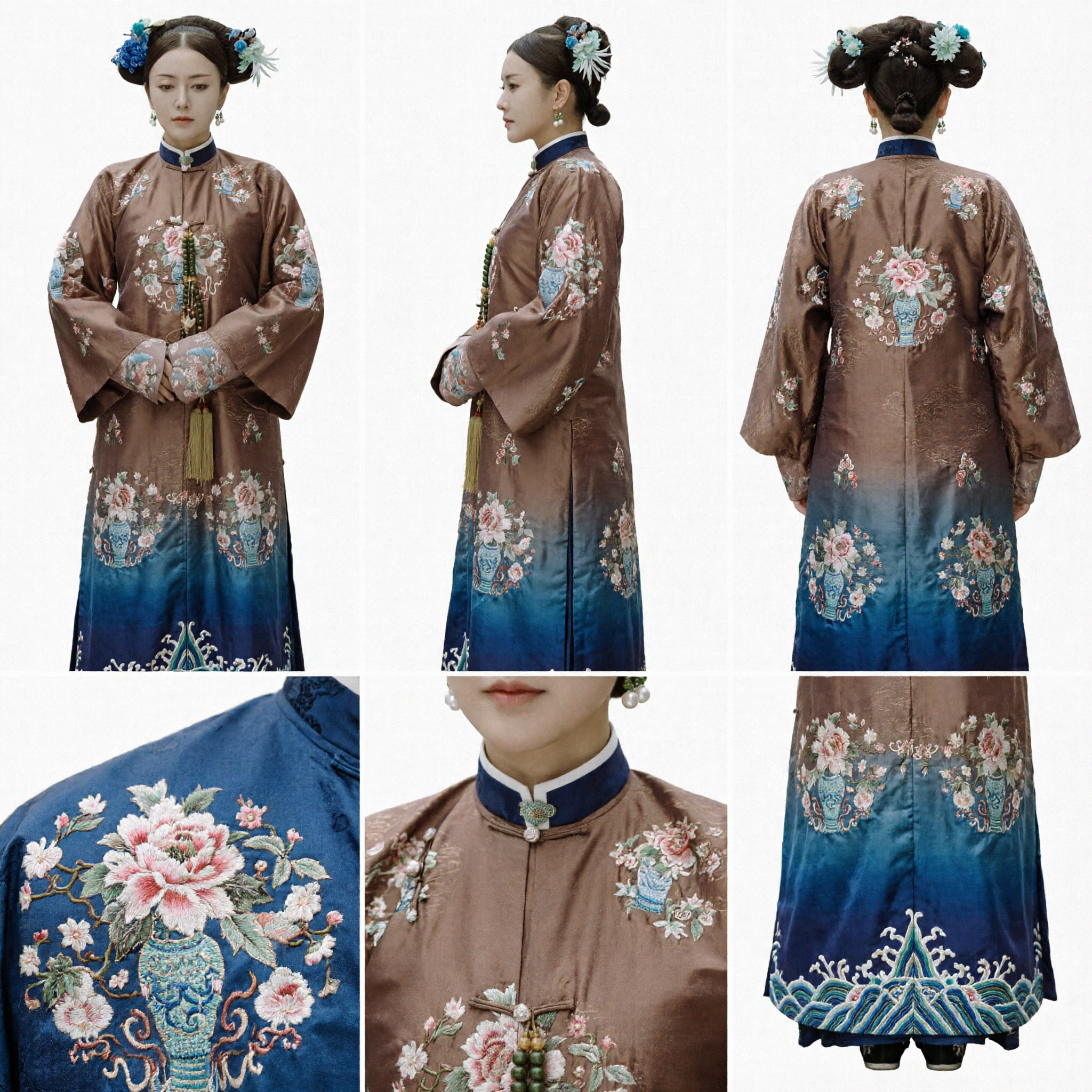 Antiek Chinese Qing-dynastie Mantsjoe Paleis Dame Kostuum Bruin Bloemen Borduurwerk Gewaad Traditionele Kleding voor Vrouwen - Asian Costume