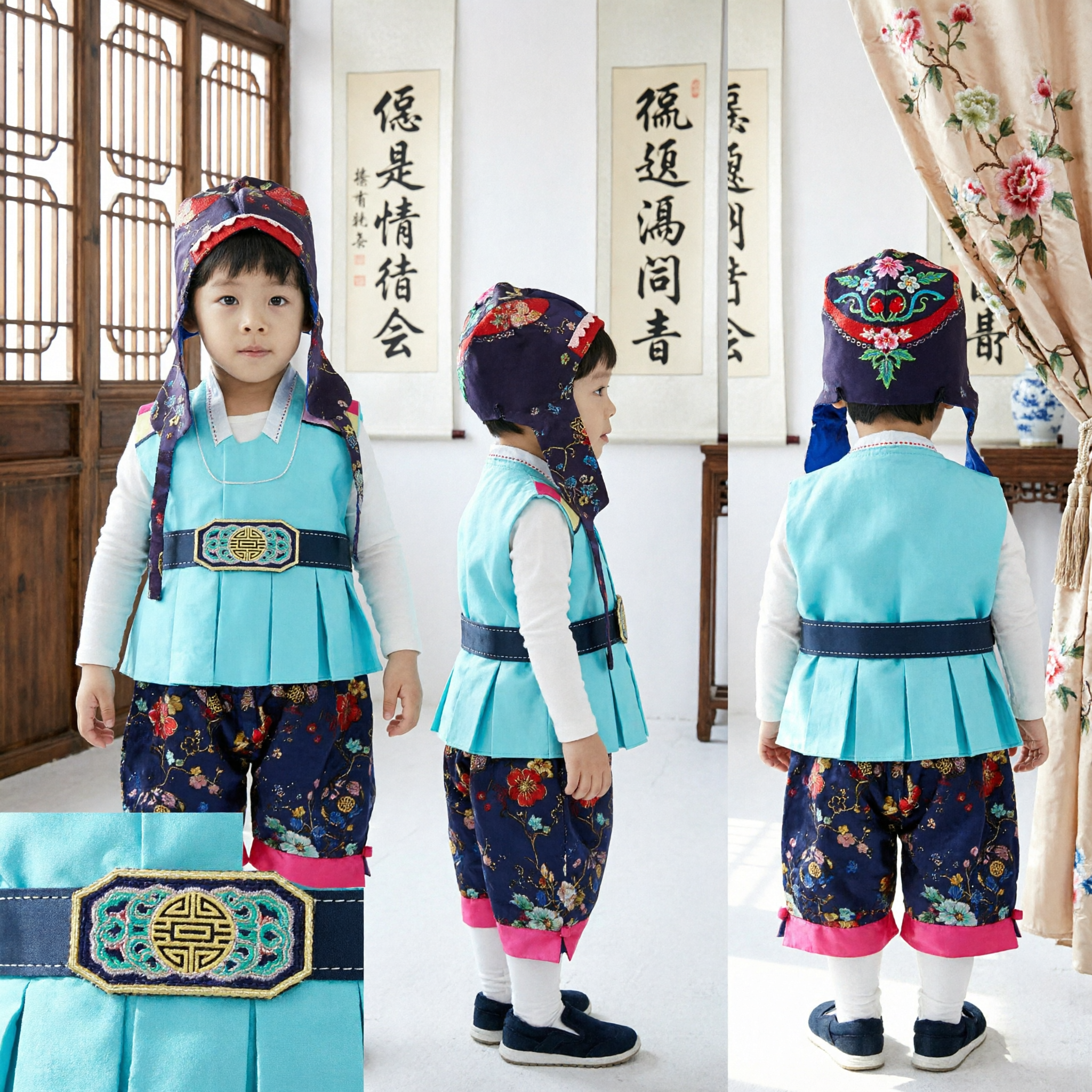 Hanbok traditionnel coréen pour garçons - Ensemble gilet et pantalon bleus brodés pour occasions cérémonielles enfants - Asian Costume