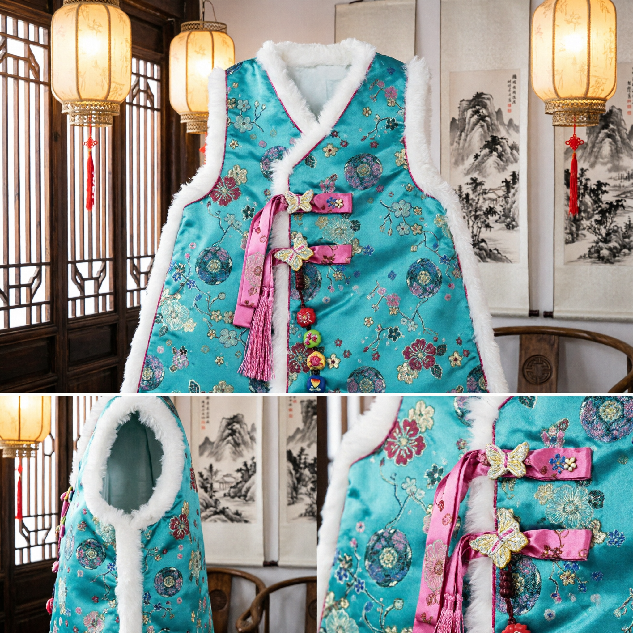 Meisjes Traditioneel Chinese Bloemen Vest Winter Bontgevoerde Tangpak Gilet voor Nieuwjaarsviering - Asian Costume
