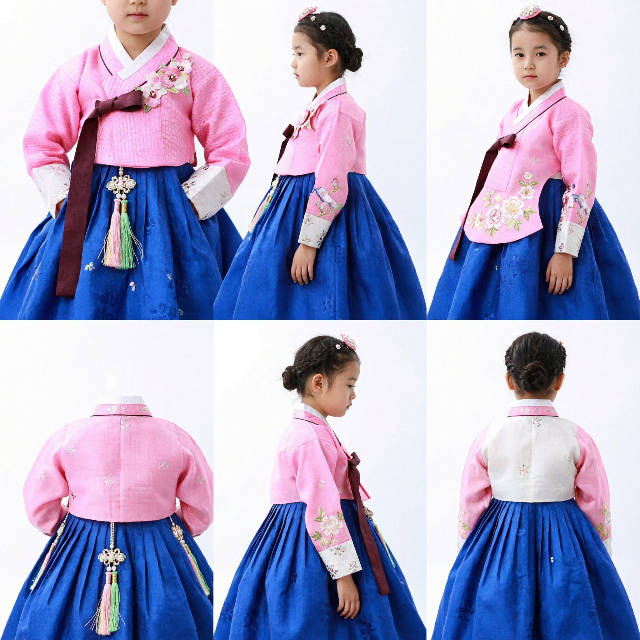 Tradycyjny koreański hanbok dla dziewczynek, różowy haftowany top, królewsko niebieska spódnica na specjalne okazje - Asian Costume