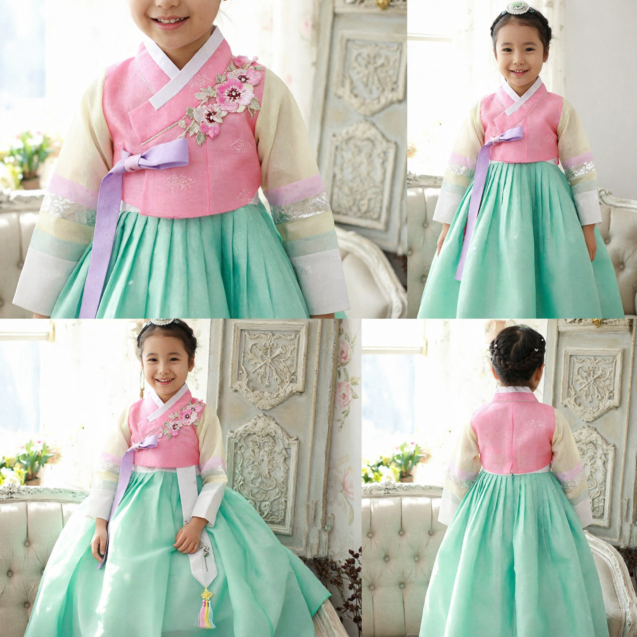 Girls Traditional Korean Hanbok Dress Pink Embroidered Top Mint Green Skirt for Birthday Doljanchi Party - Asian Costume