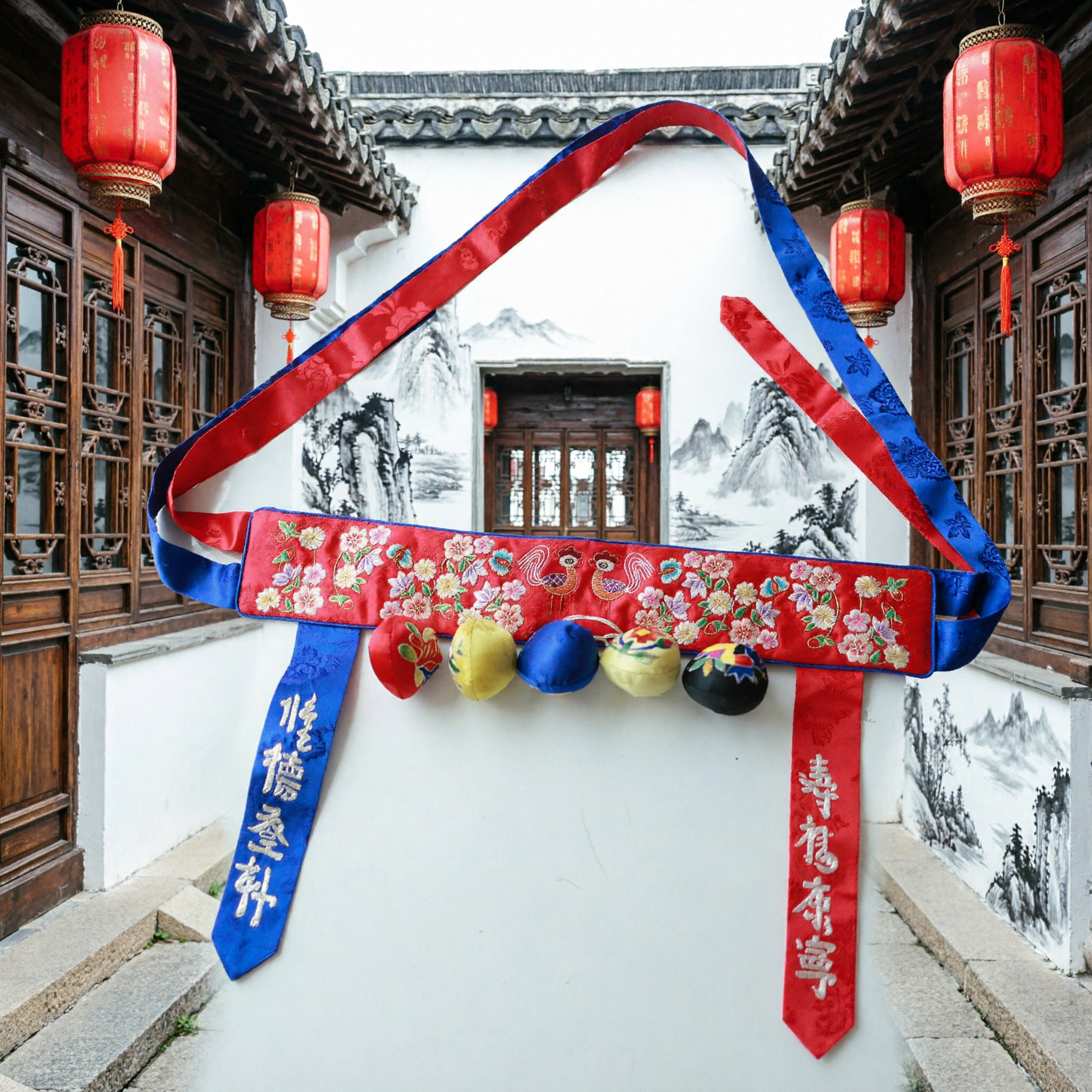 Cintura Tradizionale Coreana Dol per Neonati, Fascia Rossa Ricamata con Borse a Cinque Colori, Accessorio per Hanbok del Primo Compleanno - Asian Costume