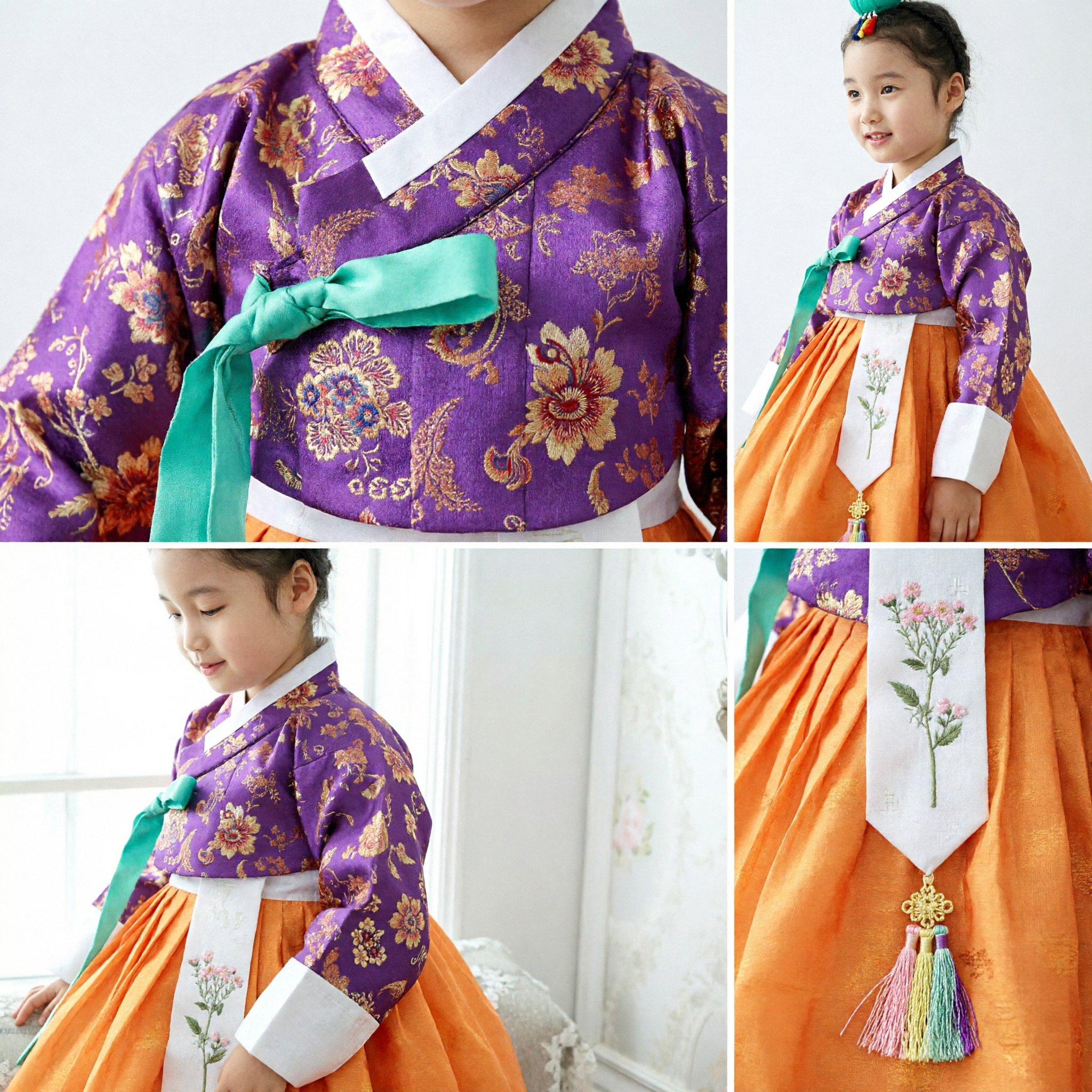 Conjunto Tradicional Coreano Hanbok para Niñas Top Floral Púrpura Falda Naranja para Boda y Fiesta de Cumpleaños - Asian Costume