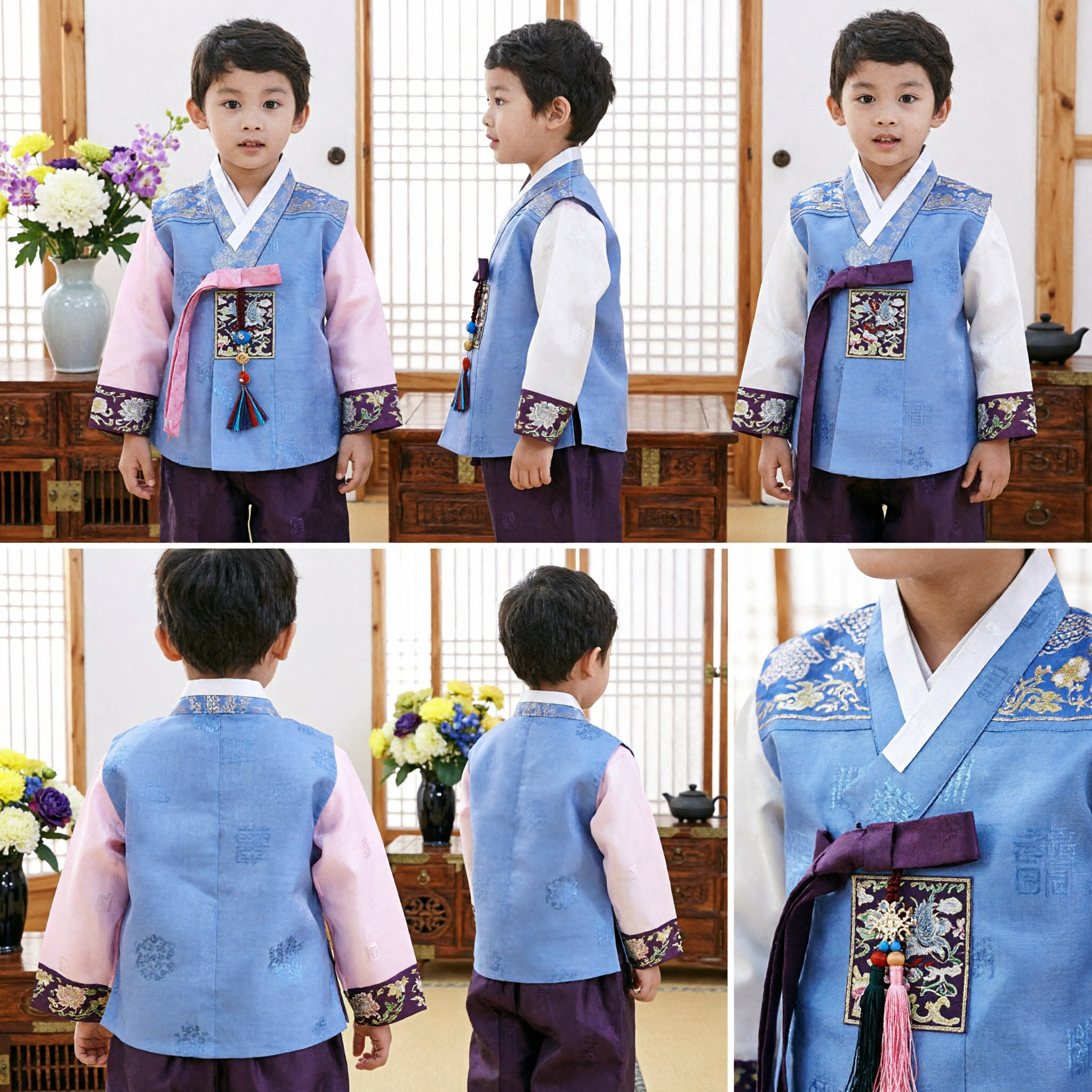 Hanbok Tradizionale Coreano per Ragazzi, Gilet Blu e Maniche Rosa, Costume Culturale Formale per Bambini, Abbigliamento per Feste - Asian Costume