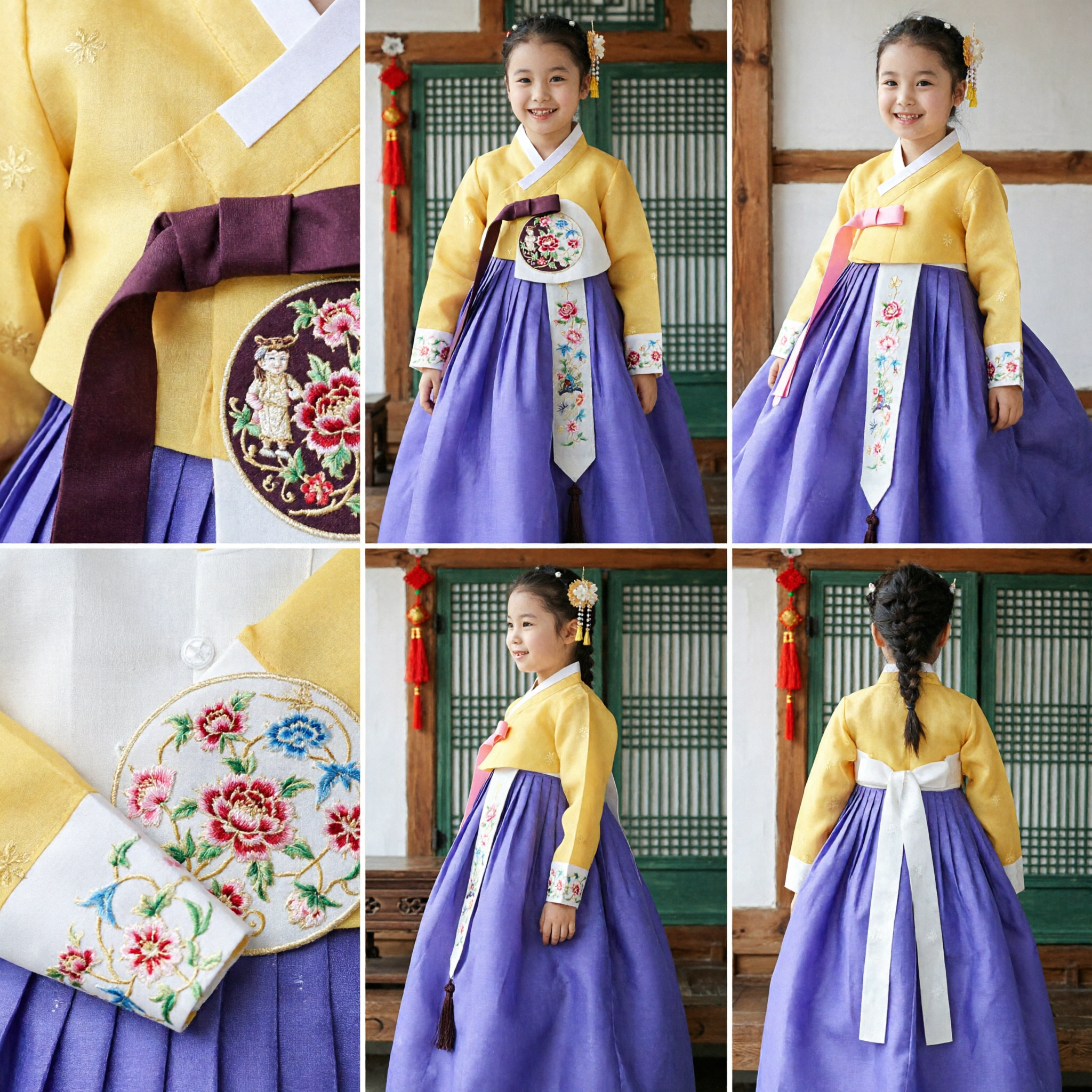 Vestido Tradicional Coreano Hanbok para Niñas Jeogori Amarillo Chima Púrpura Traje para Festival y Boda - Asian Costume