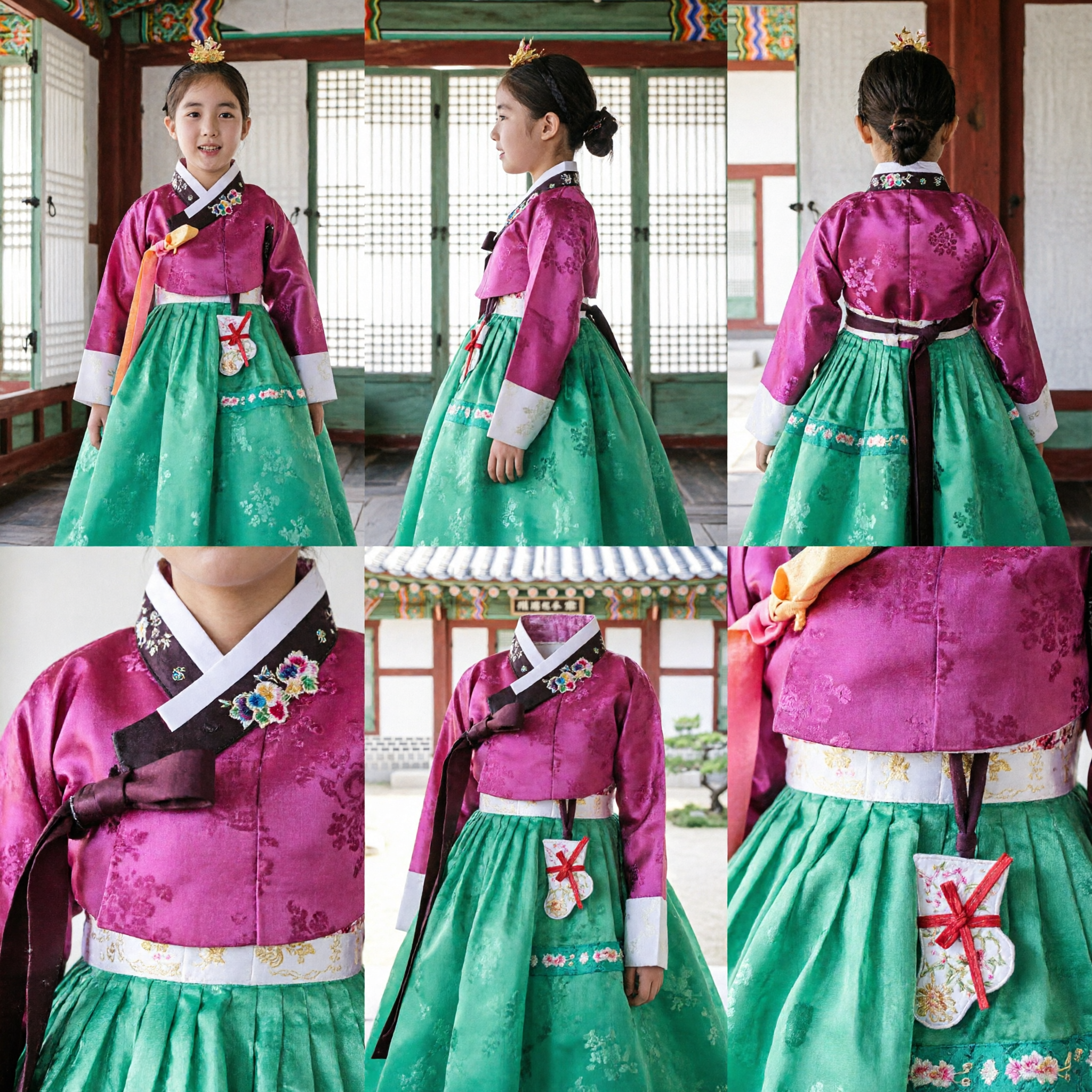 Tradycyjny koreański hanbok dla dziewczynek, różowy top, zielona spódnica, formalny strój na przyjęcia świąteczne - Asian Costume