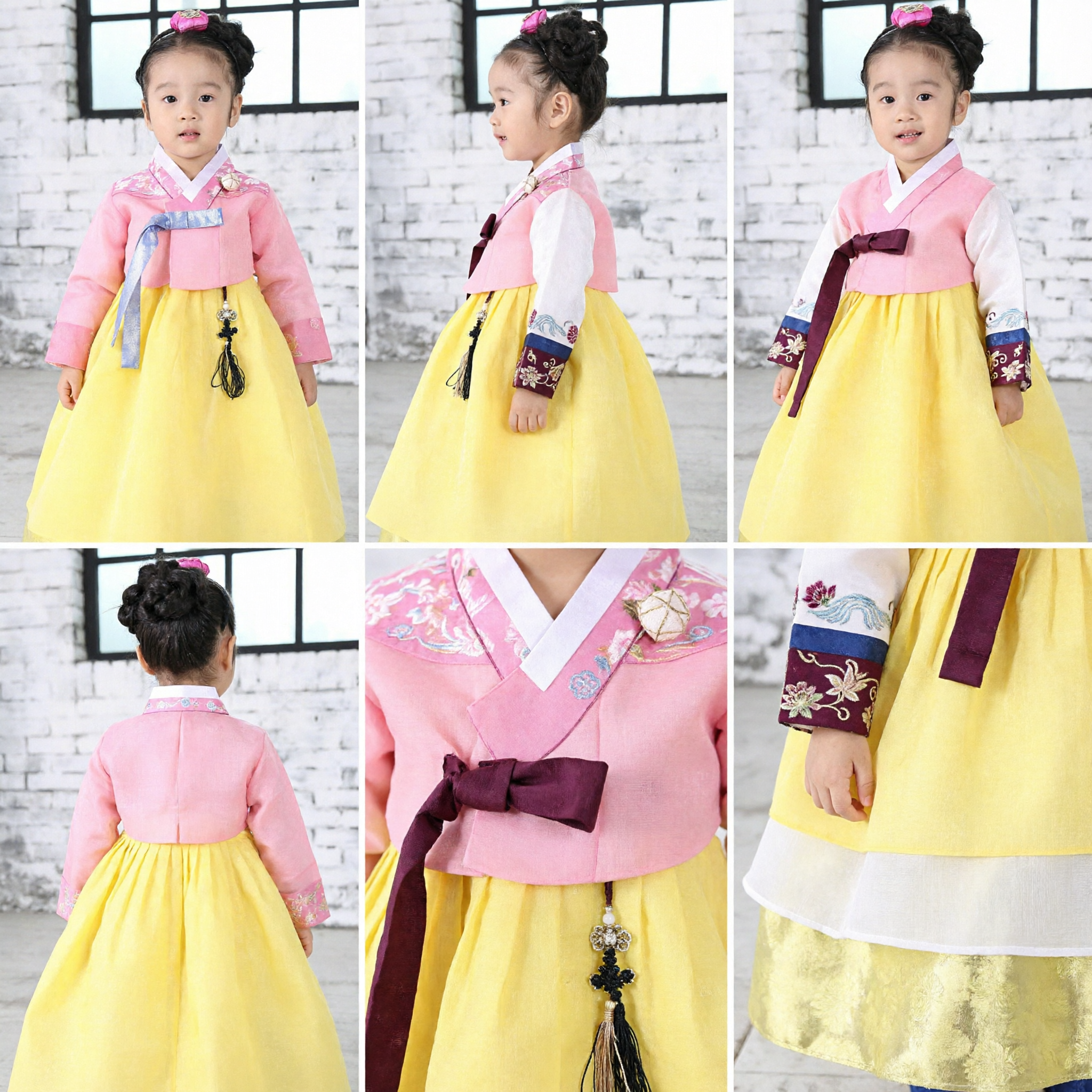 Traditionelles koreanisches Hanbok für Kinder Mädchen rosa floraler Oberteil gelber Rock Kostüm für Hochzeits-Geburtstagsfeier - Asian Costume