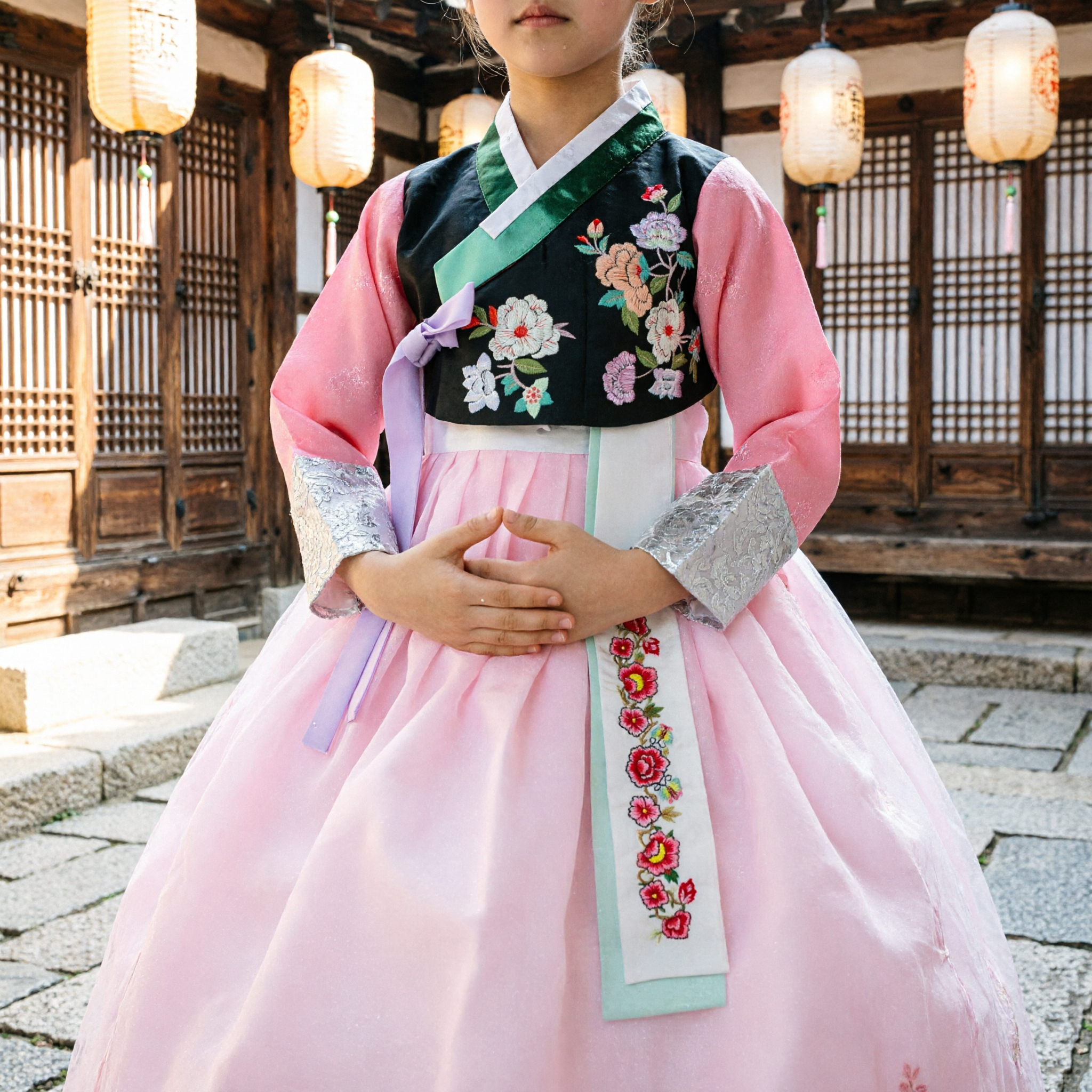Elegancka Różowo-Czarna Tradycyjna Koreańska Suknia Hanbok z Kwiatowym Haftem na Specjalne Okazje - Asian Costume