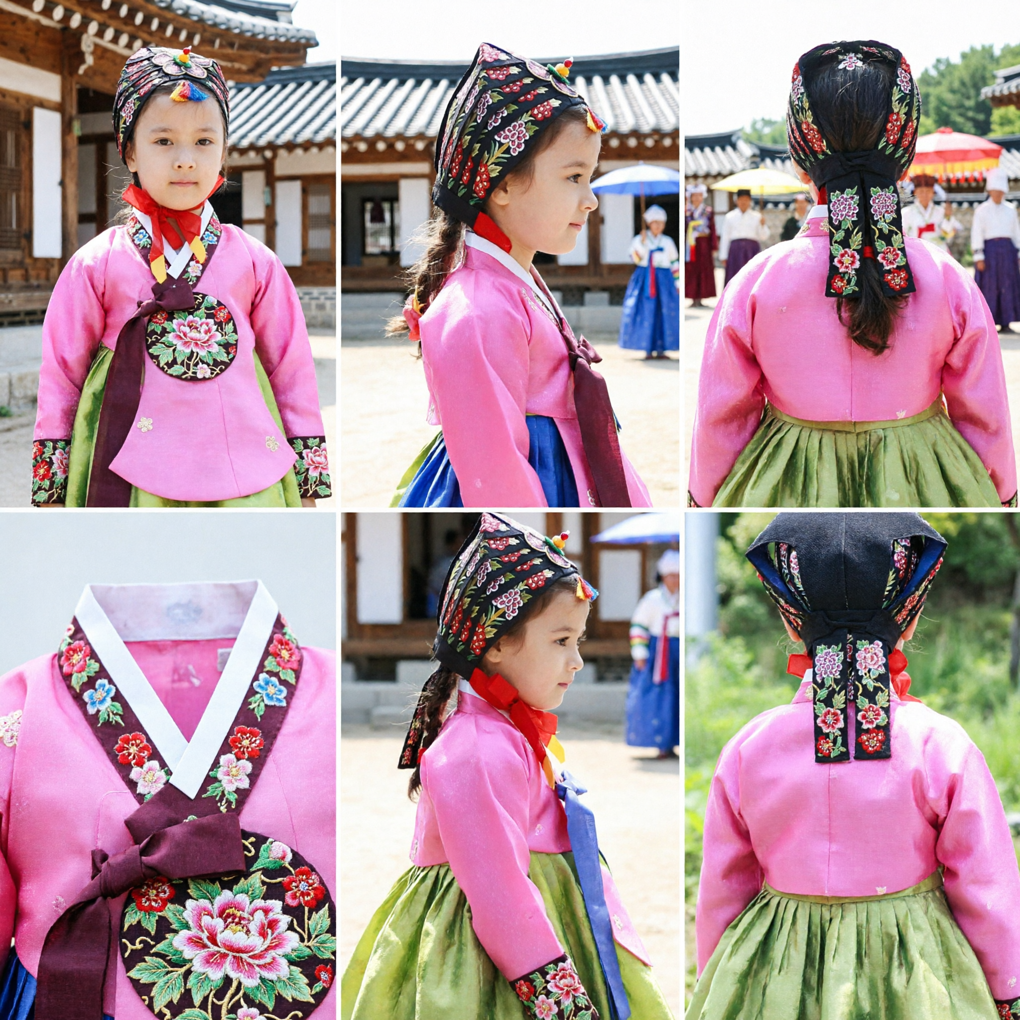 Sombrero Tradicional Coreano Hanbok para Niñas, Tocado Floral Bordado, Traje de Danza Folklórica Infantil - Asian Costume