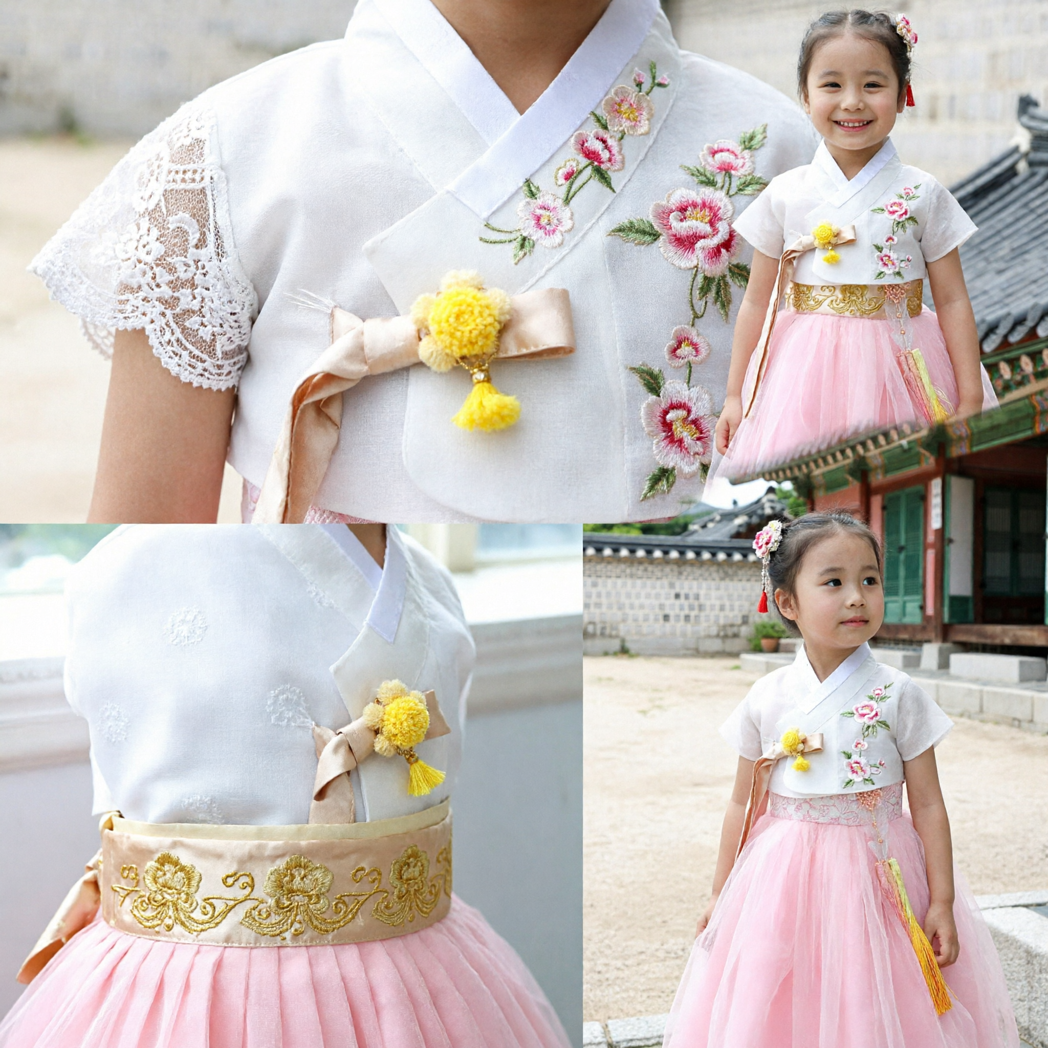 Traditionelles koreanisches Hanbok-Kleid für Kinder, rosa Tüllrock, weiße Spitzenbluse für Mädchen-Hochzeits- und Geburtstagsfeierkostüm - Asian Costume