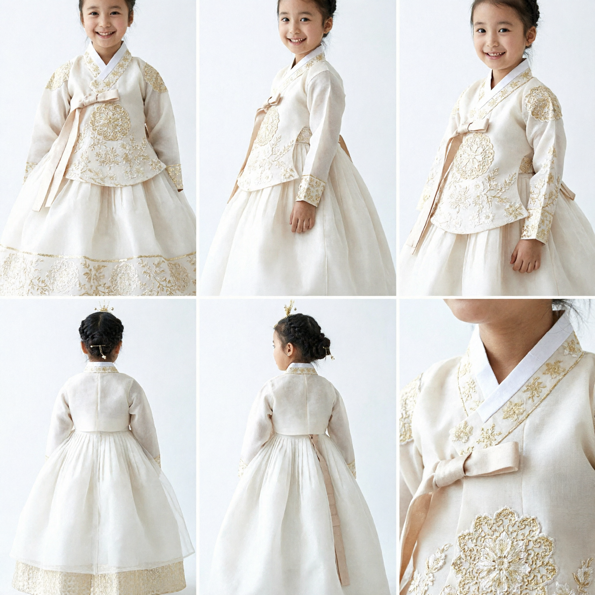 Elegante Hanbok Coreano Tradizionale Bianco per Bambine, Top in Pizzo e Gonna in Tulle per Costume da Matrimonio e Festa - Asian Costume