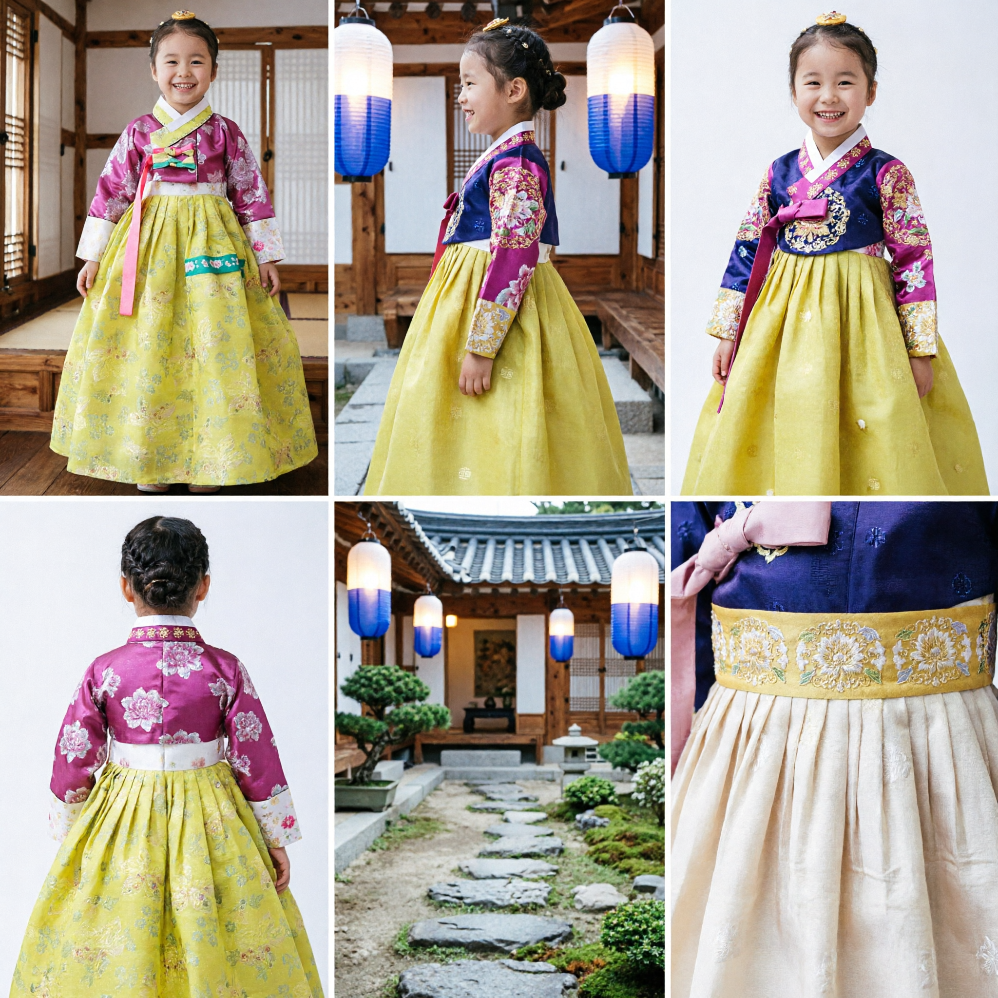 Tradycyjny Koreański Hanbok dla Dzieci, Różowo-Żółta Kwiatowa Suknia, Komplet na Festiwal i Przyjęcie - Asian Costume