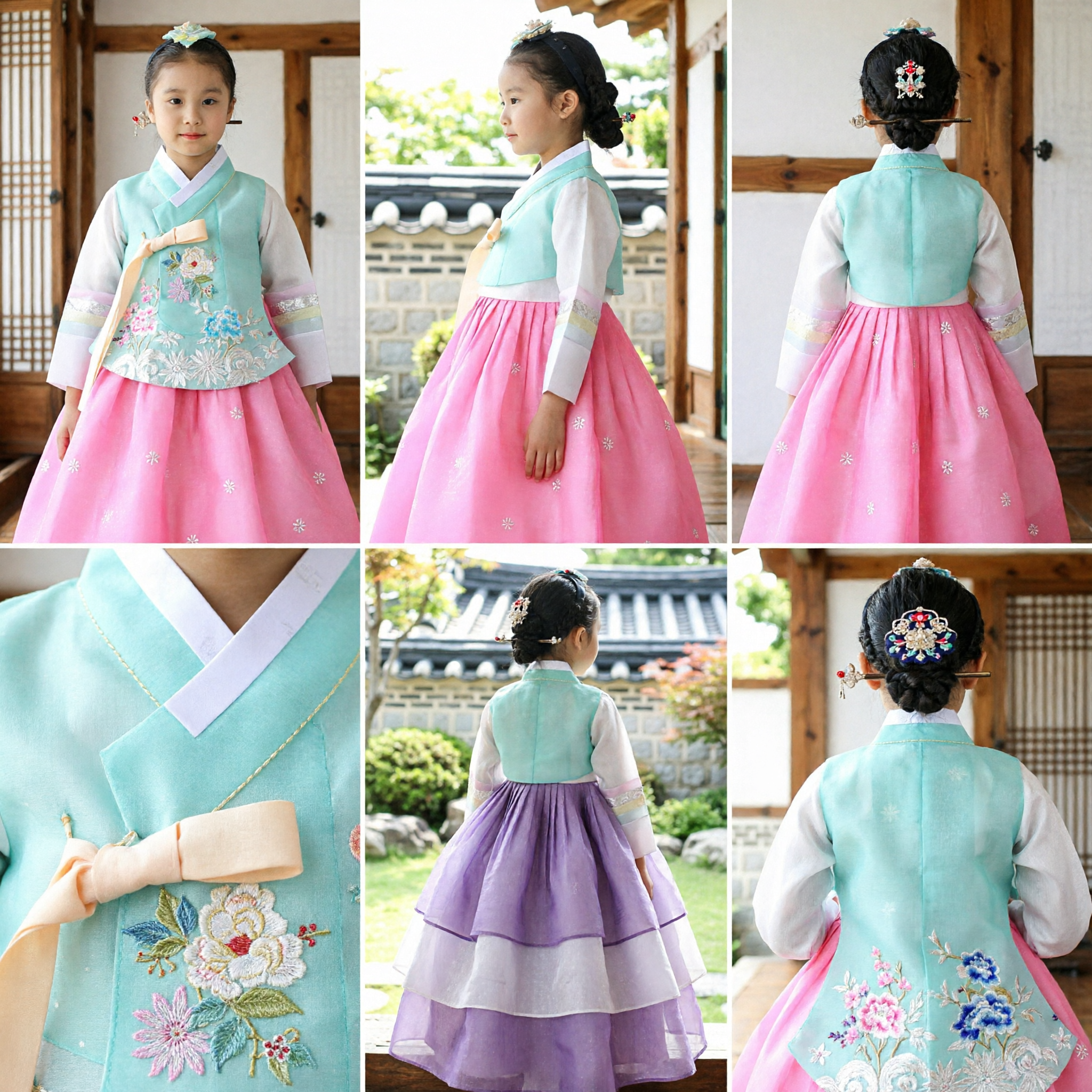 Tradycyjna Koreańska Suknia Hanbok dla Dzieci, Różowo-Niebieski Haftowany Kostium na Festiwal i Przyjęcie - Asian Costume