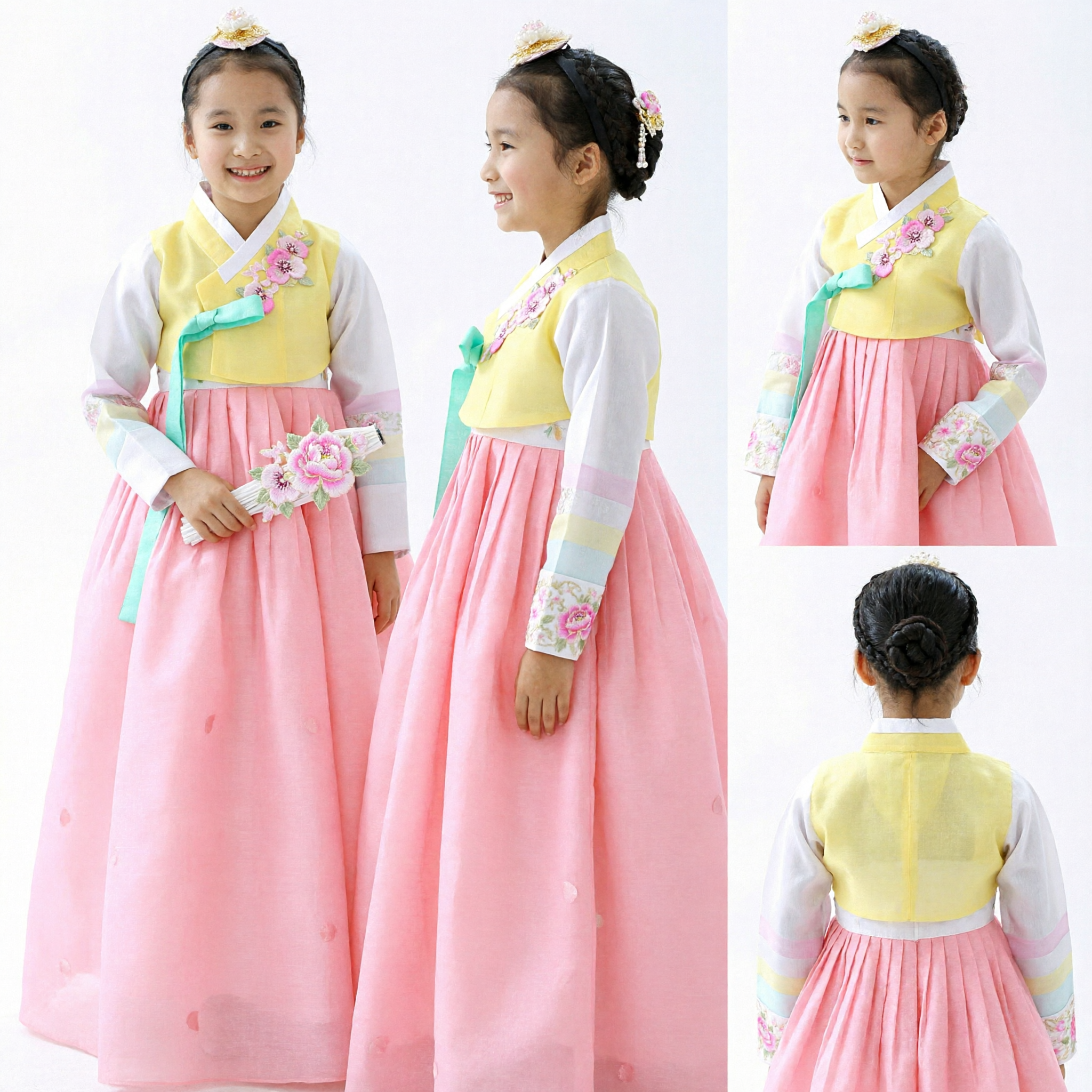 Traje Tradicional Coreano Hanbok para Niñas, Conjunto de Top Bordado Amarillo y Falda Rosa para Boda y Fiesta - Asian Costume