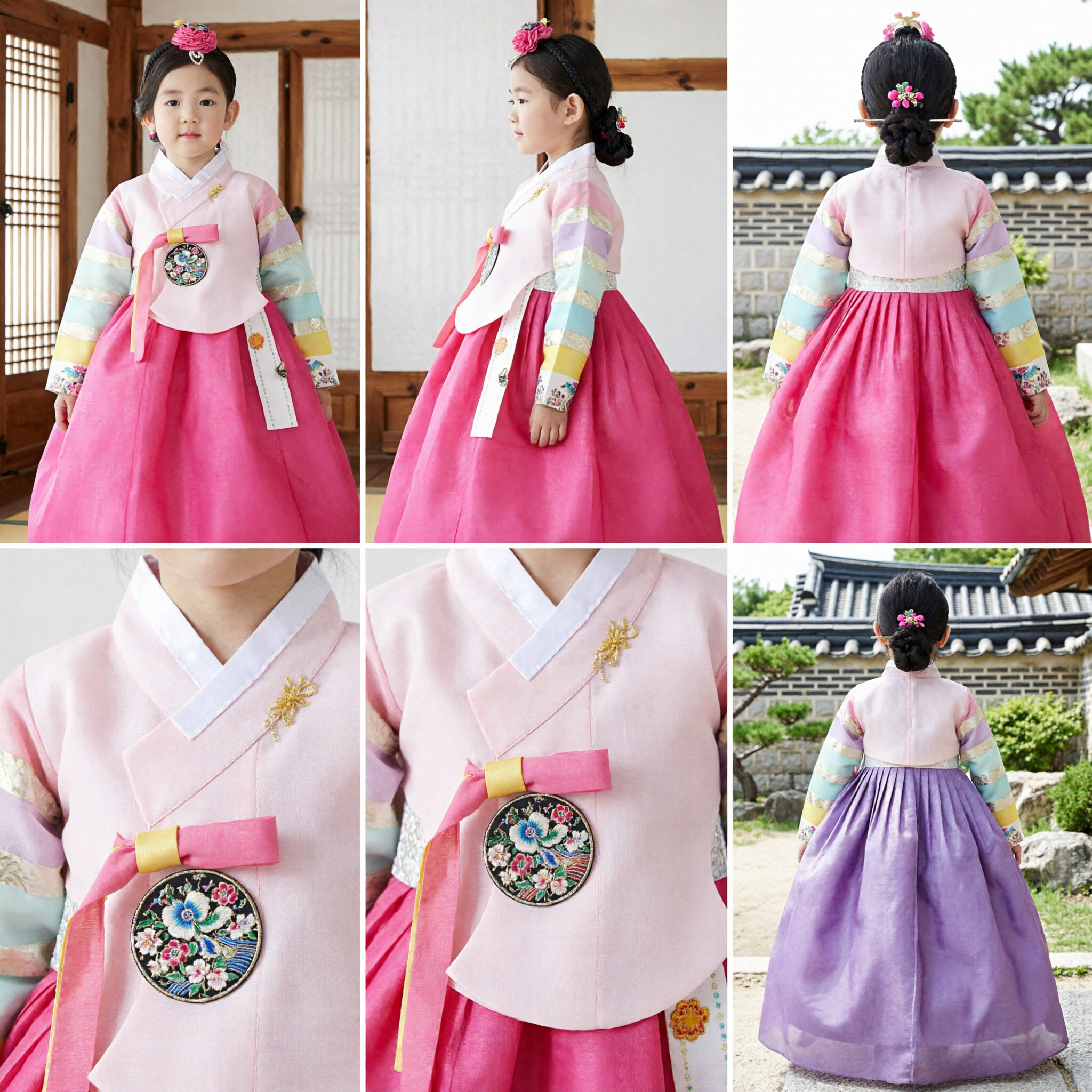 Tradycyjny Koreański Komplet Hanbok dla Dziewczynek, Różowa Bluzka z Tęczowymi Rękawami i Spódnica na Festiwale i Ceremonie - Asian Costume