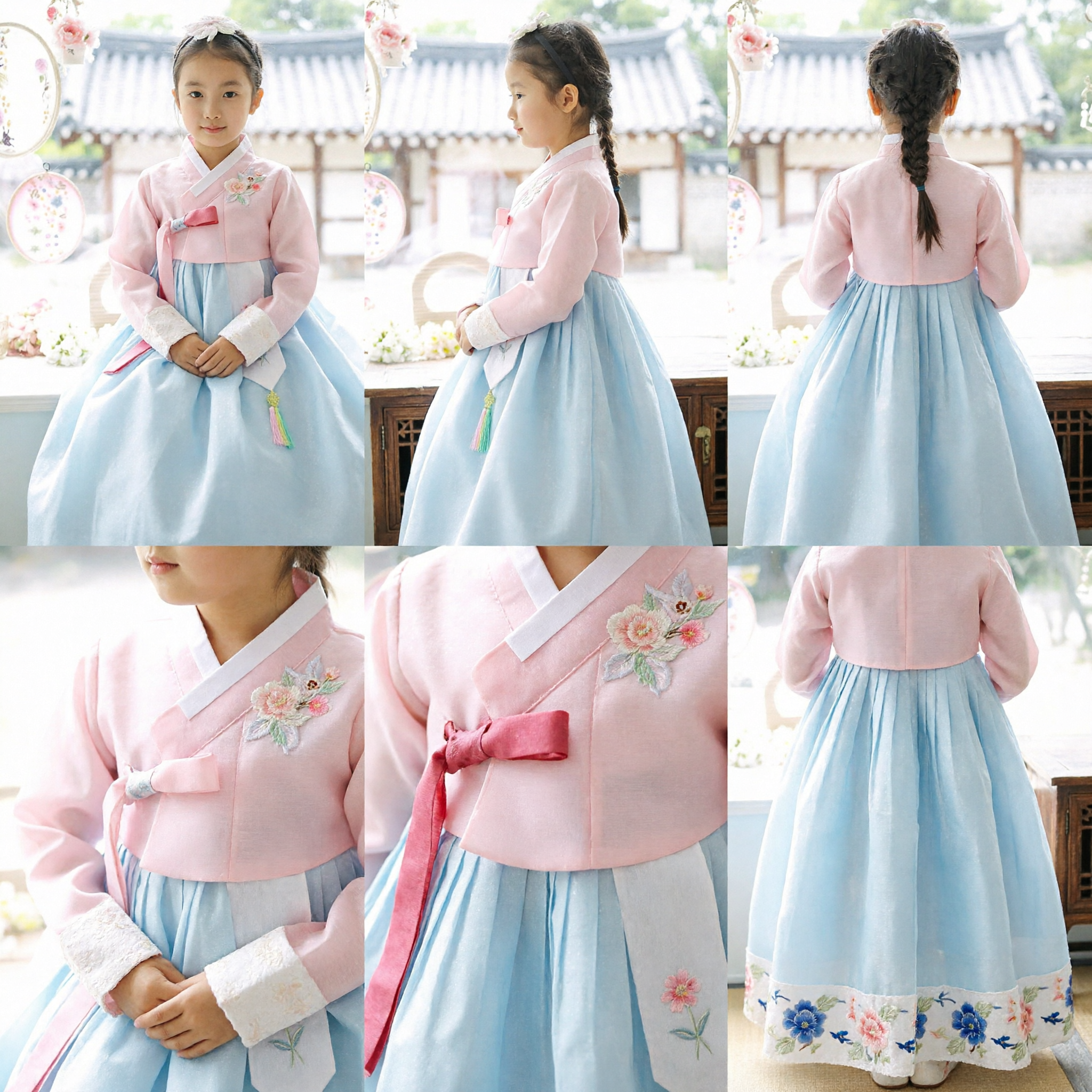Robe Hanbok traditionnelle coréenne pour filles - Costume brodé rose et bleu pour enfants pour occasions spéciales - Asian Costume