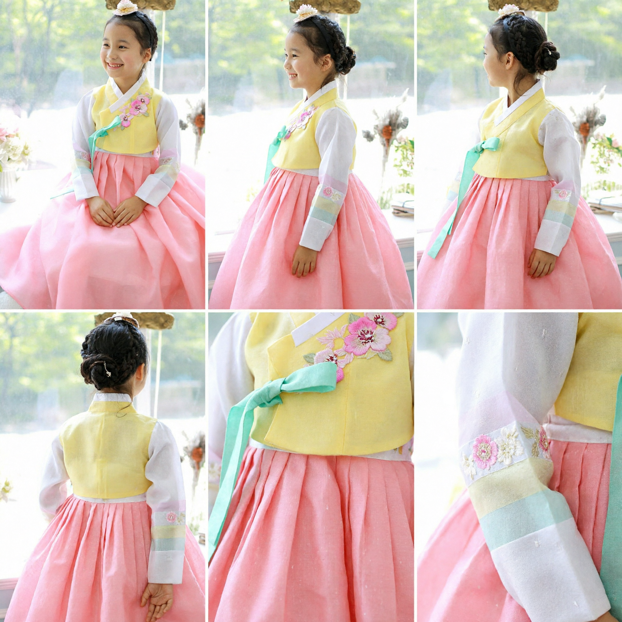 Traditional Korean Hanbok for Girls Yellow Floral Embroidery Top Pink Skirt Kids Formal Costume - Asian Costume
