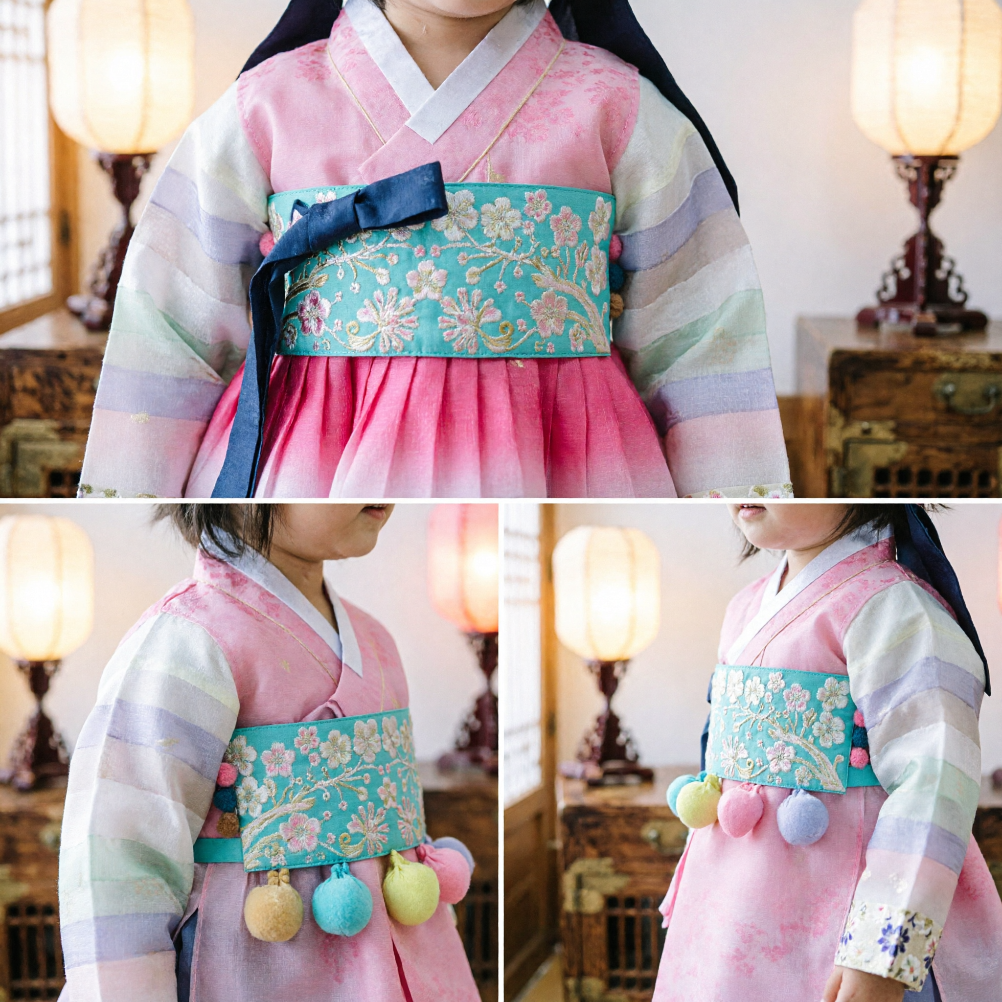Roze Koreaanse Hanbok voor Baby Meisjes Traditioneel Dol Verjaardag Kostuum met Regenboog Mouwen en Bloemen Gordel - Asian Costume