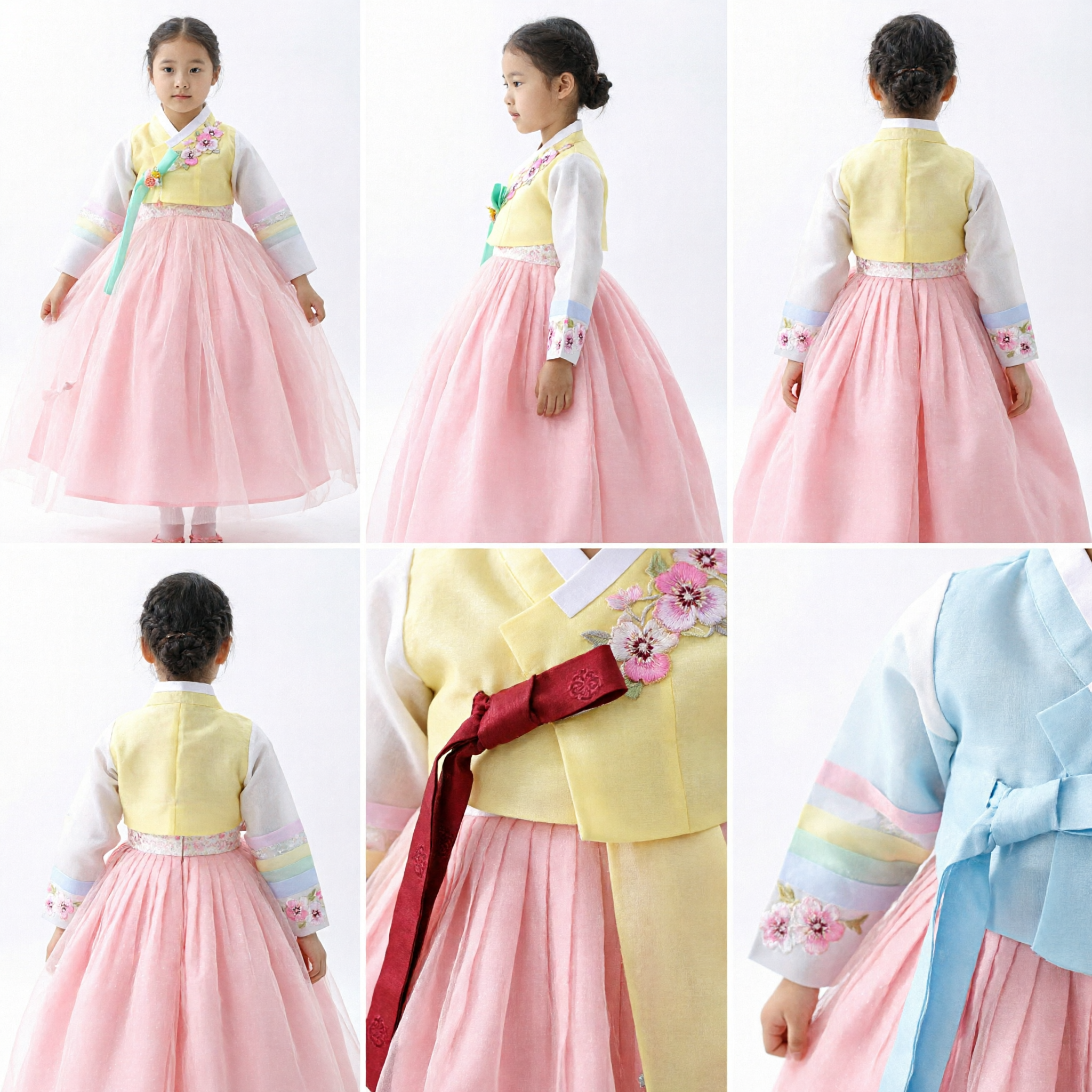 Hanbok Tradicional Coreano para Meninas Parte de Cima Amarela Saia de Tule Rosa Traje para Performance em Festa de Aniversário para Crianças - Asian Costume